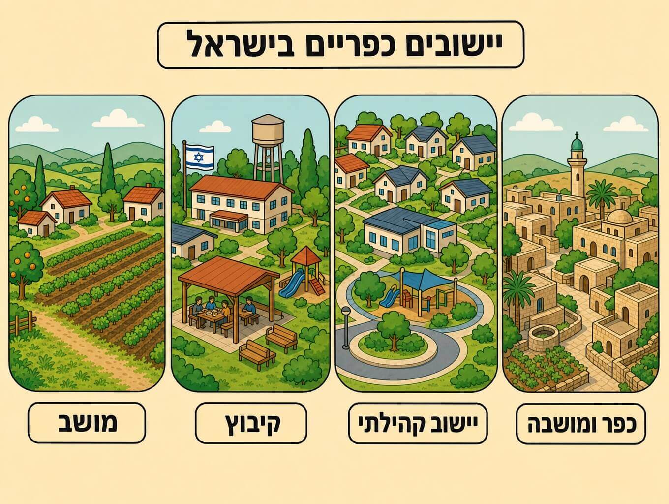 תמונה הממחישה ארבעה סוגי יישובים כפריים בישראל מושב קיבוץ יישוב קהילתי וכפר ומושבה