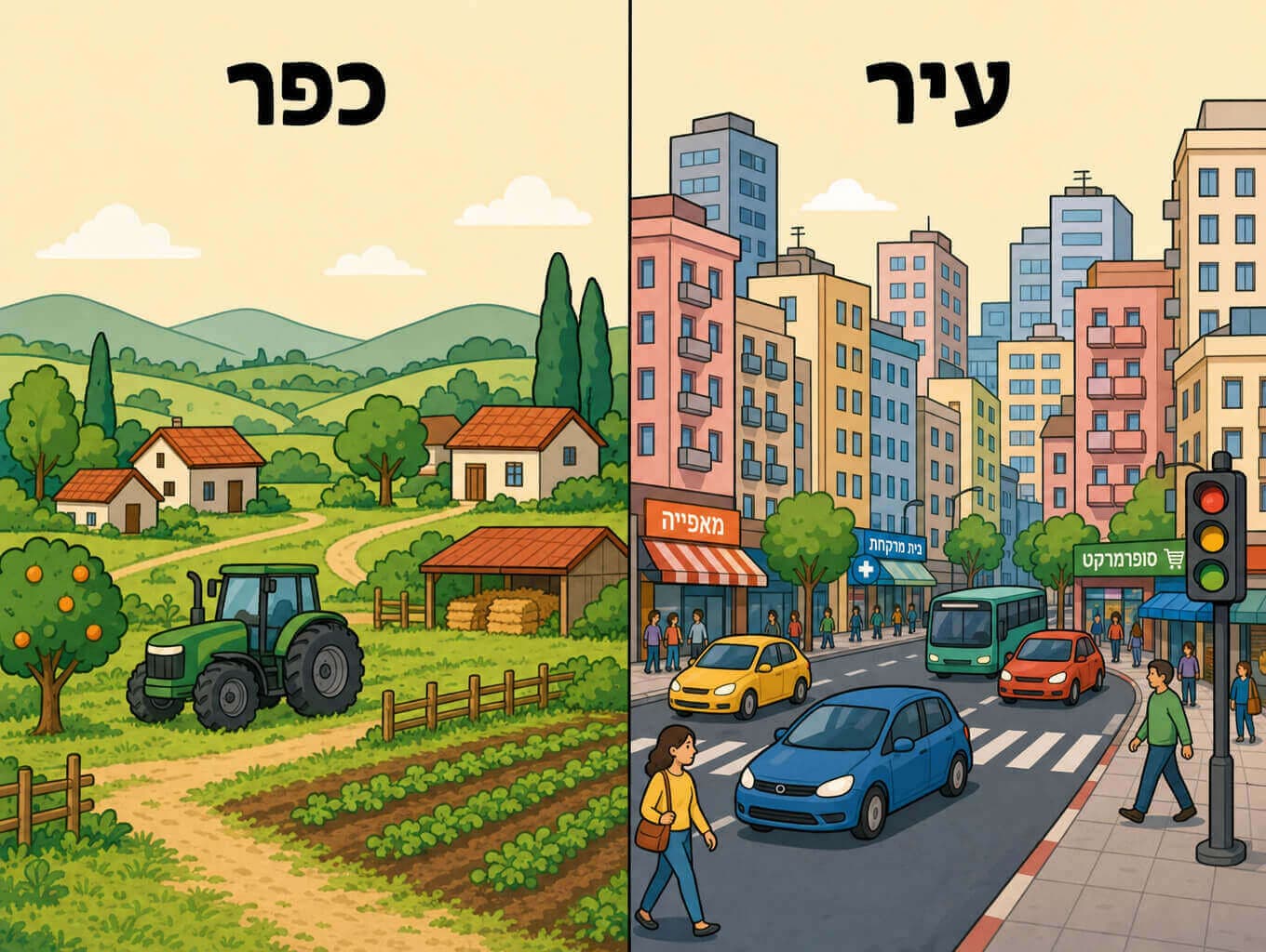 תמונה הממחישה את ההבדל בין יישוב כפרי עם בתים נמוכים ושדות לבין יישוב עירוני עם מבנים גבוהים וצפופים