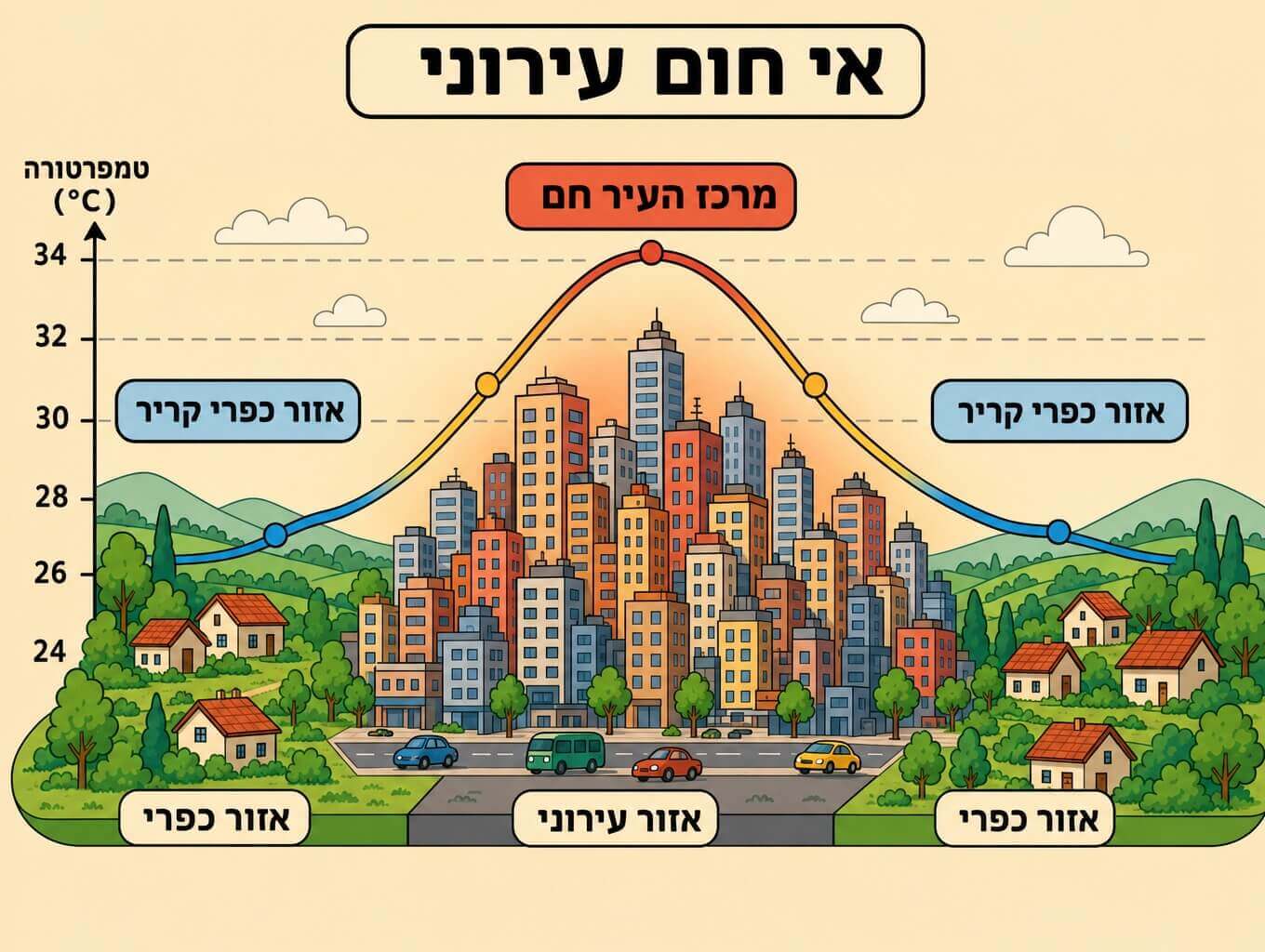 תמונה הממחישה אי חום עירוני שבו מרכז העיר הצפוף חם יותר מהאזור הכפרי הירוק שסביבו