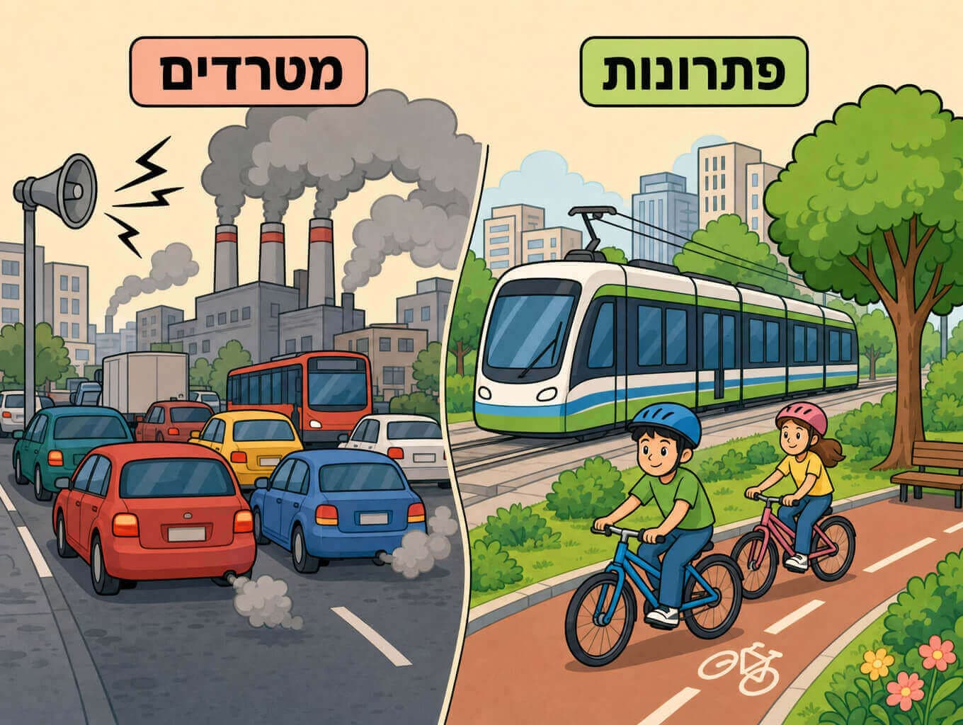 תמונה הממחישה מטרדי עיר גדולה כמו פקקים וזיהום אוויר לצד פתרונות ירוקים כמו רכבת קלה ופארק