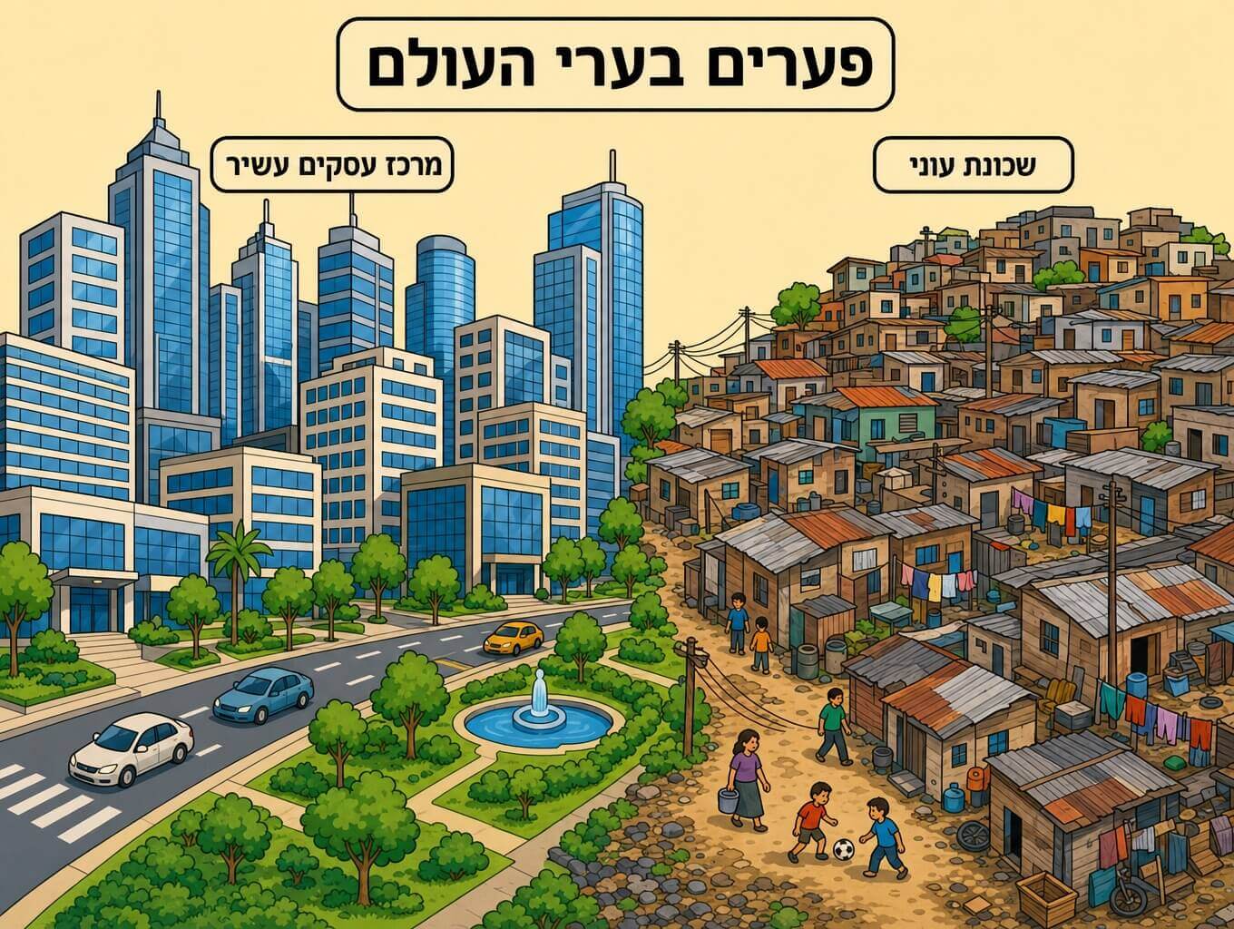 תמונה הממחישה פערים בערי העולם מרכז עסקים עשיר עם גורדי שחקים לצד שכונת עוני צפופה באותה עיר