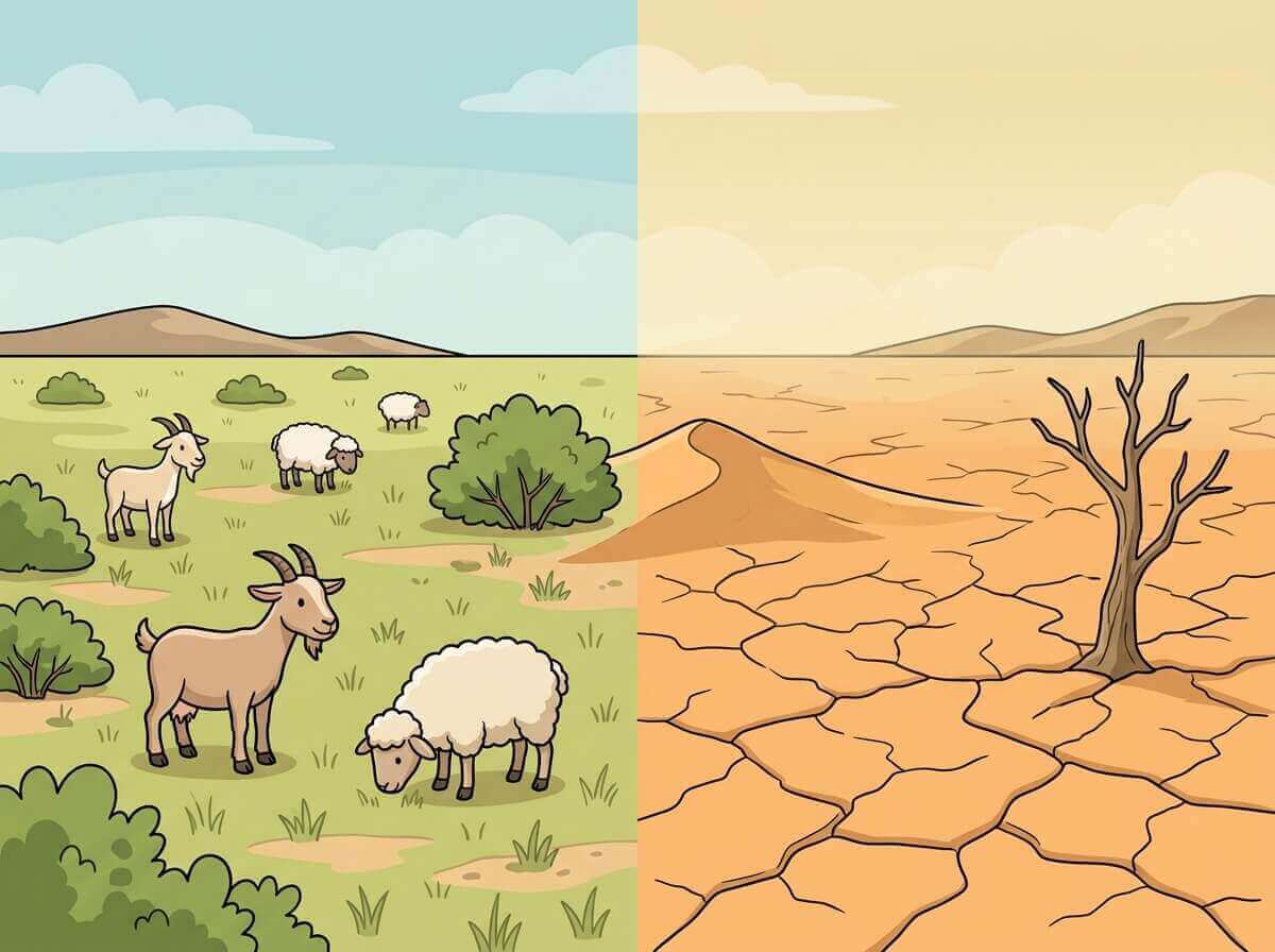 תמונה הממחישה את תהליך המדבור בהשוואה צדדית: שטח ירוק עם עיזים ורעייה לעומת שטח חשוף ויבש עם אדמה סדוקה וחול נודד