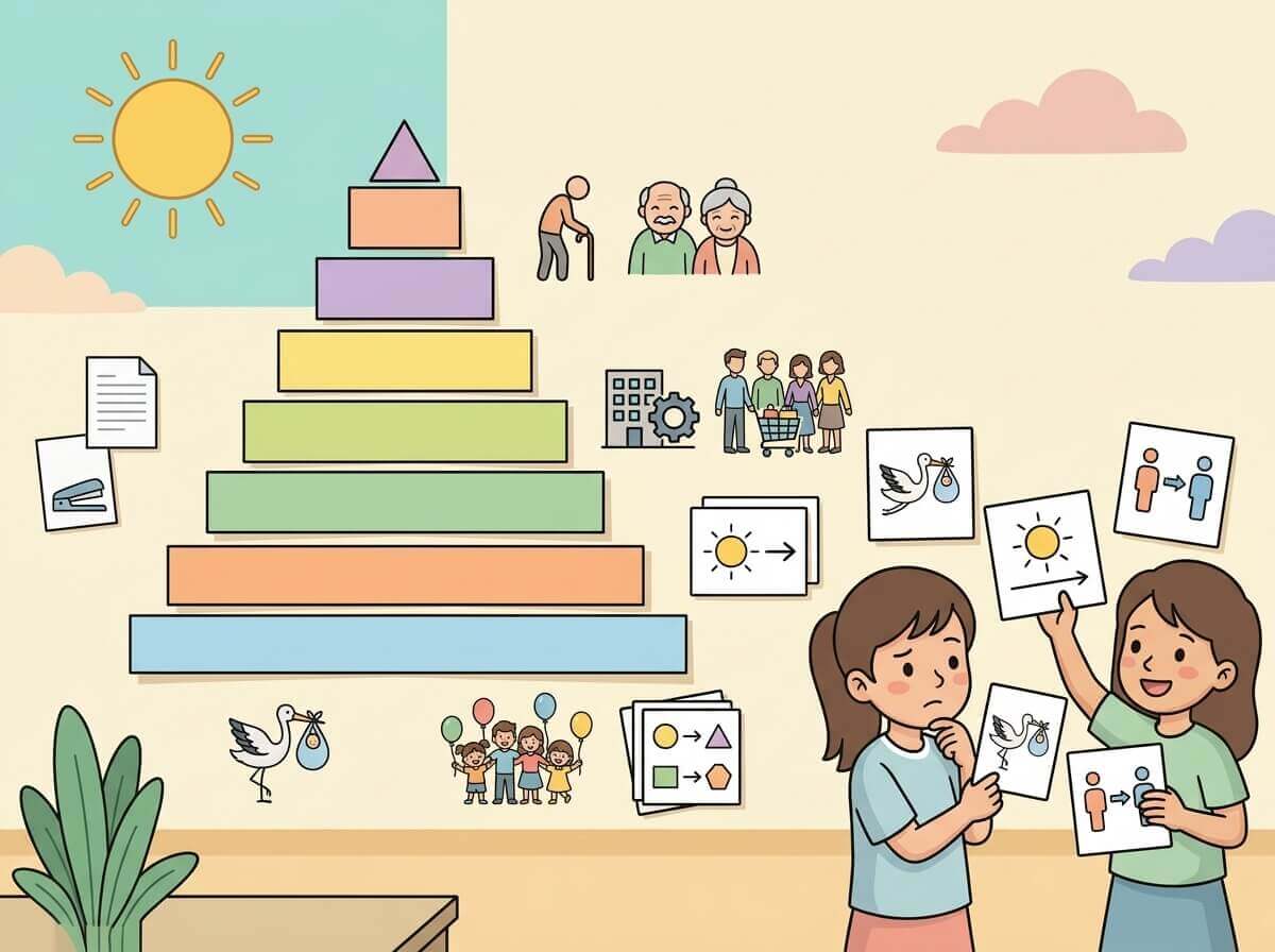 תמונה הממחישה שינוי דמוגרפי בעזרת פירמידת גילים ודמויות של ילדים מבוגרים וקשישים