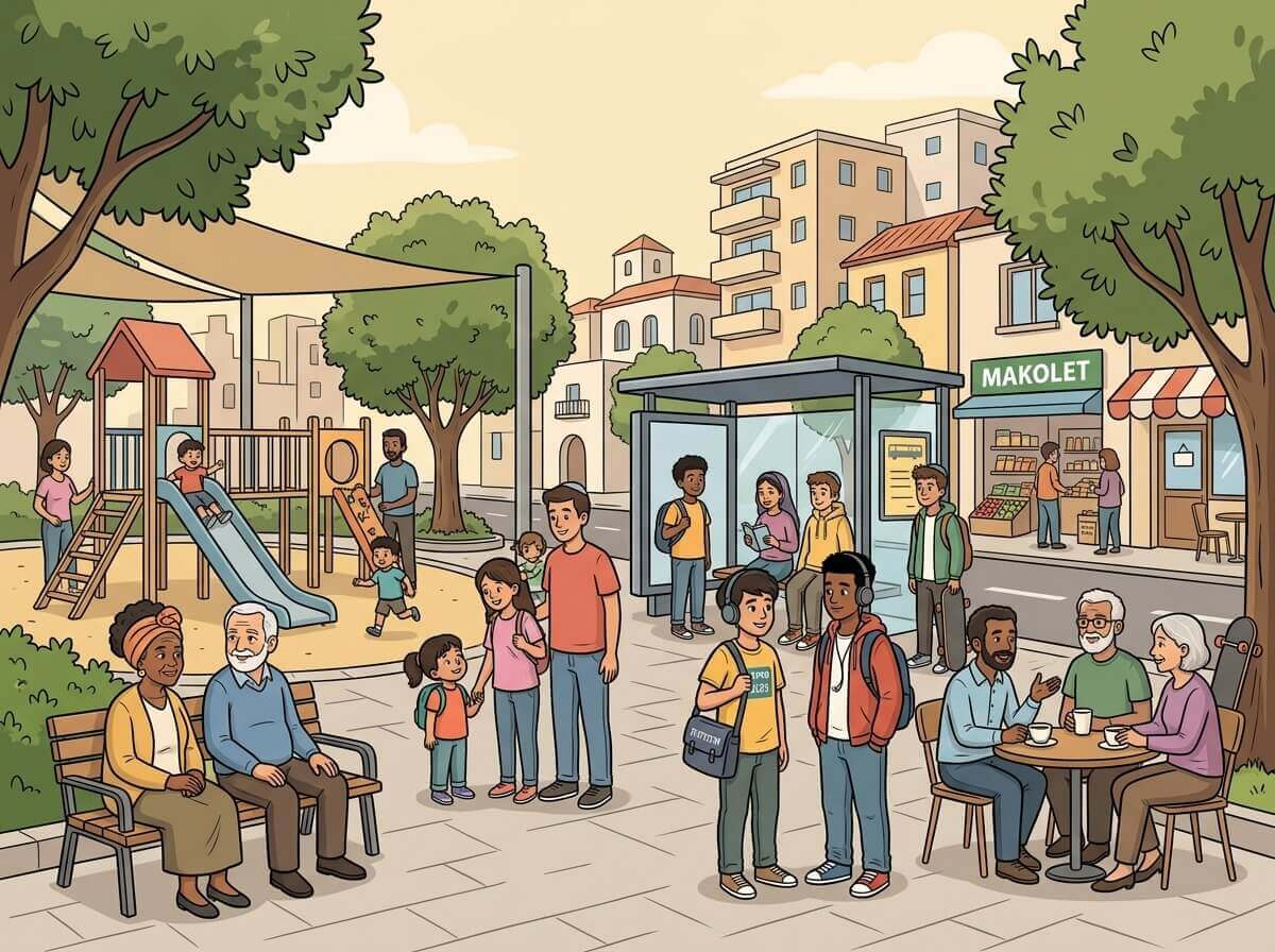 תמונה הממחישה פסיפס אנושי בישראל דרך מרחב ציבורי משותף עם קבוצות גיל וקהילות שונות