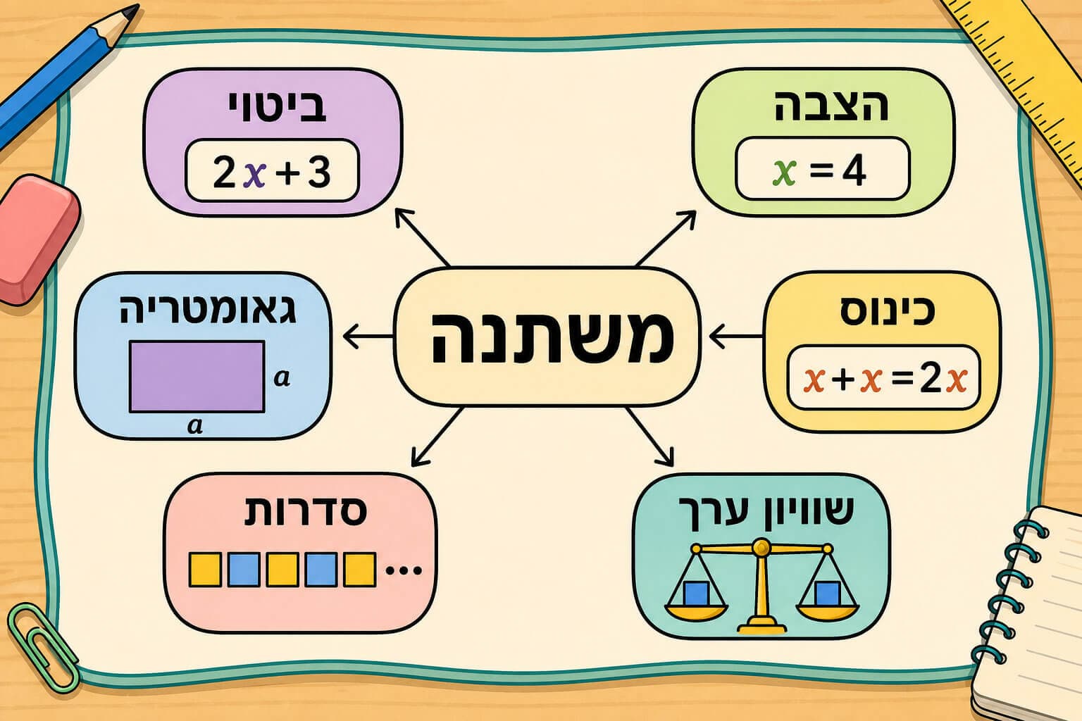 תמונה המציגה את מפת המושגים של פרק משתנים וביטויים אלגבריים