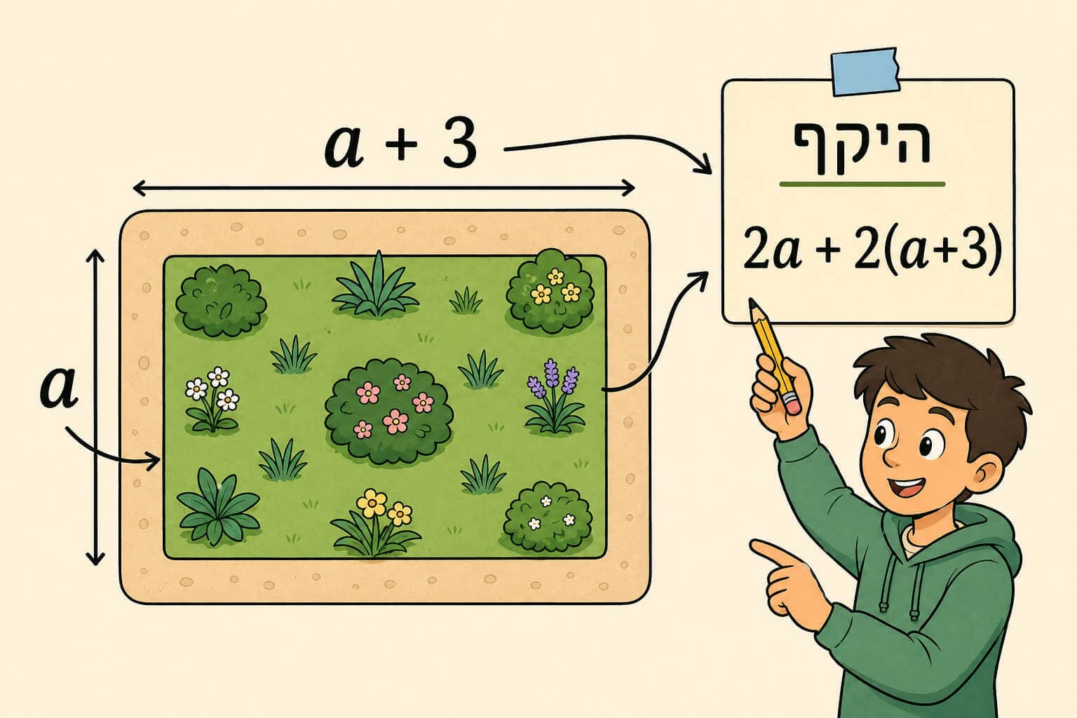 תמונה הממחישה את ההכללה בגאומטריה בעזרת גינה מלבנית שמידותיה מסומנות במשתנים