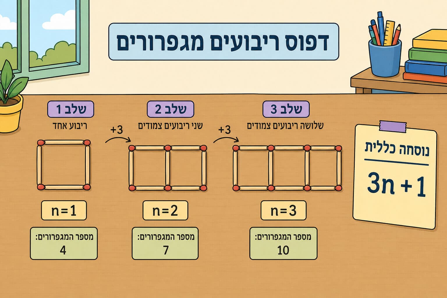 תמונה הממחישה את תבנית הגפרורים של ריבועים ואת הנוסחה הכללית של מספר הגפרורים
