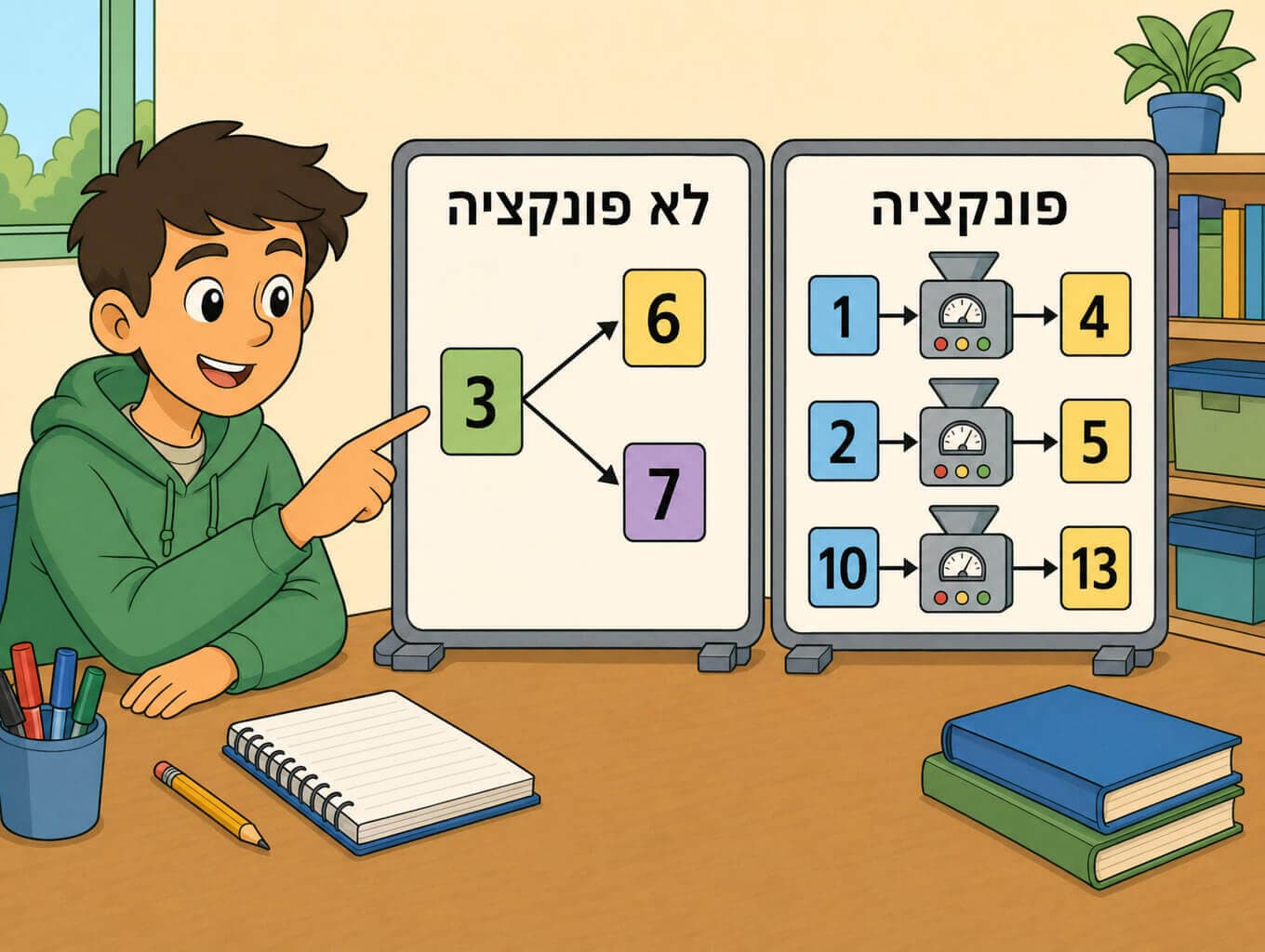 תמונה הממחישה את ההבדל בין פונקציה לבין קשר שבו קלט אחד מתפצל לשני פלטים