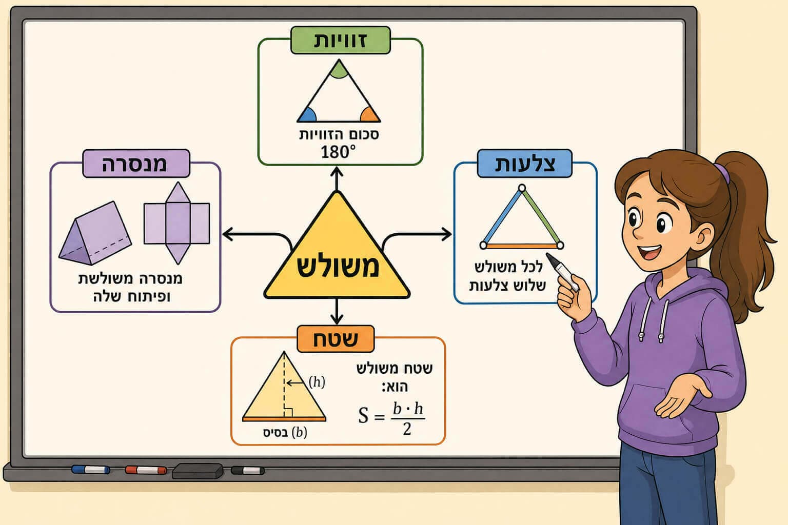 תמונה הממחישה את מפת הסיכום של פרק המשולשים מן הזוויות והצלעות ועד שטח ומנסרה