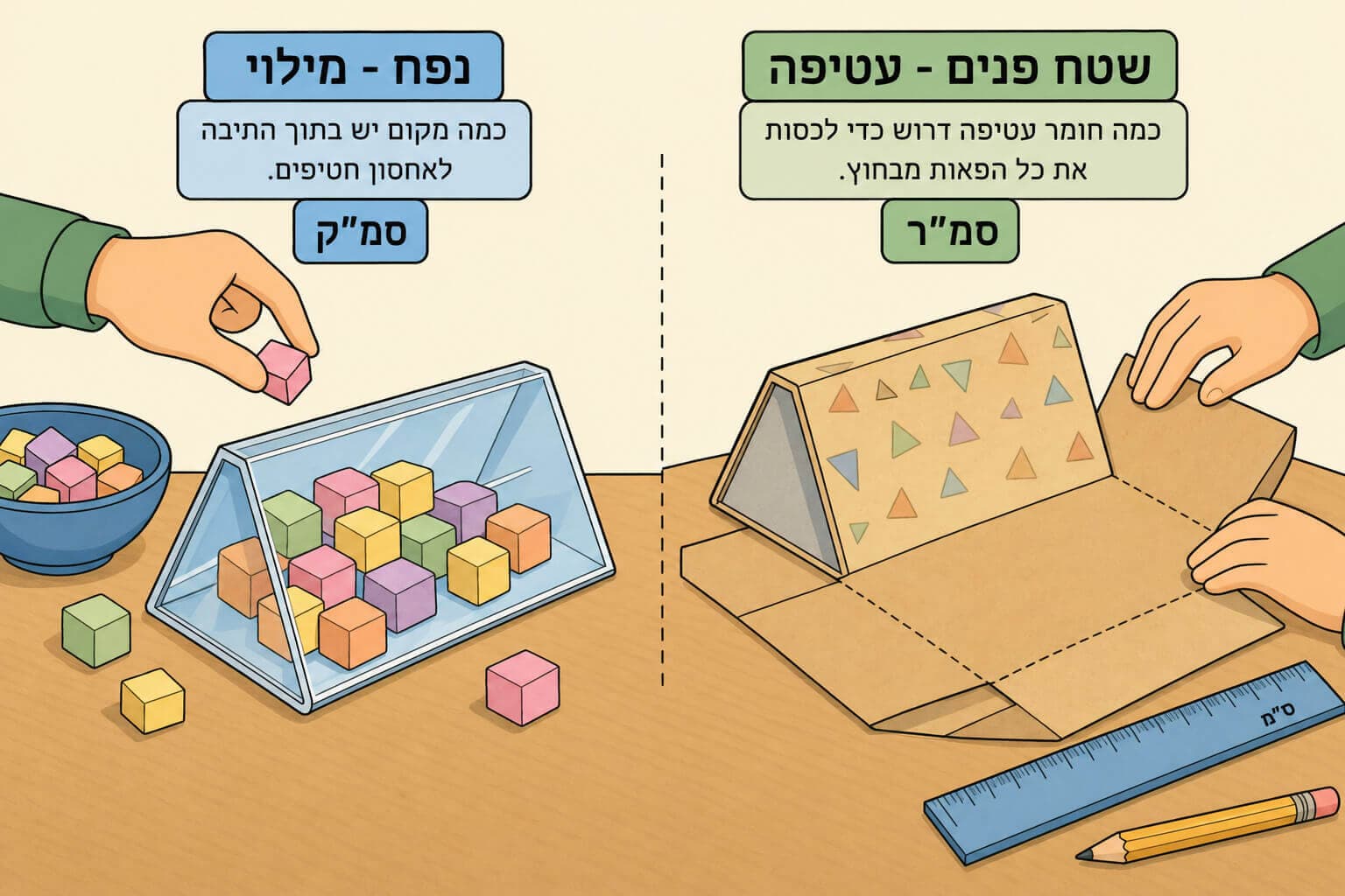 תמונה הממחישה את ההבדל בין נפח לשטח פנים במארז בצורת מנסרה משולשת