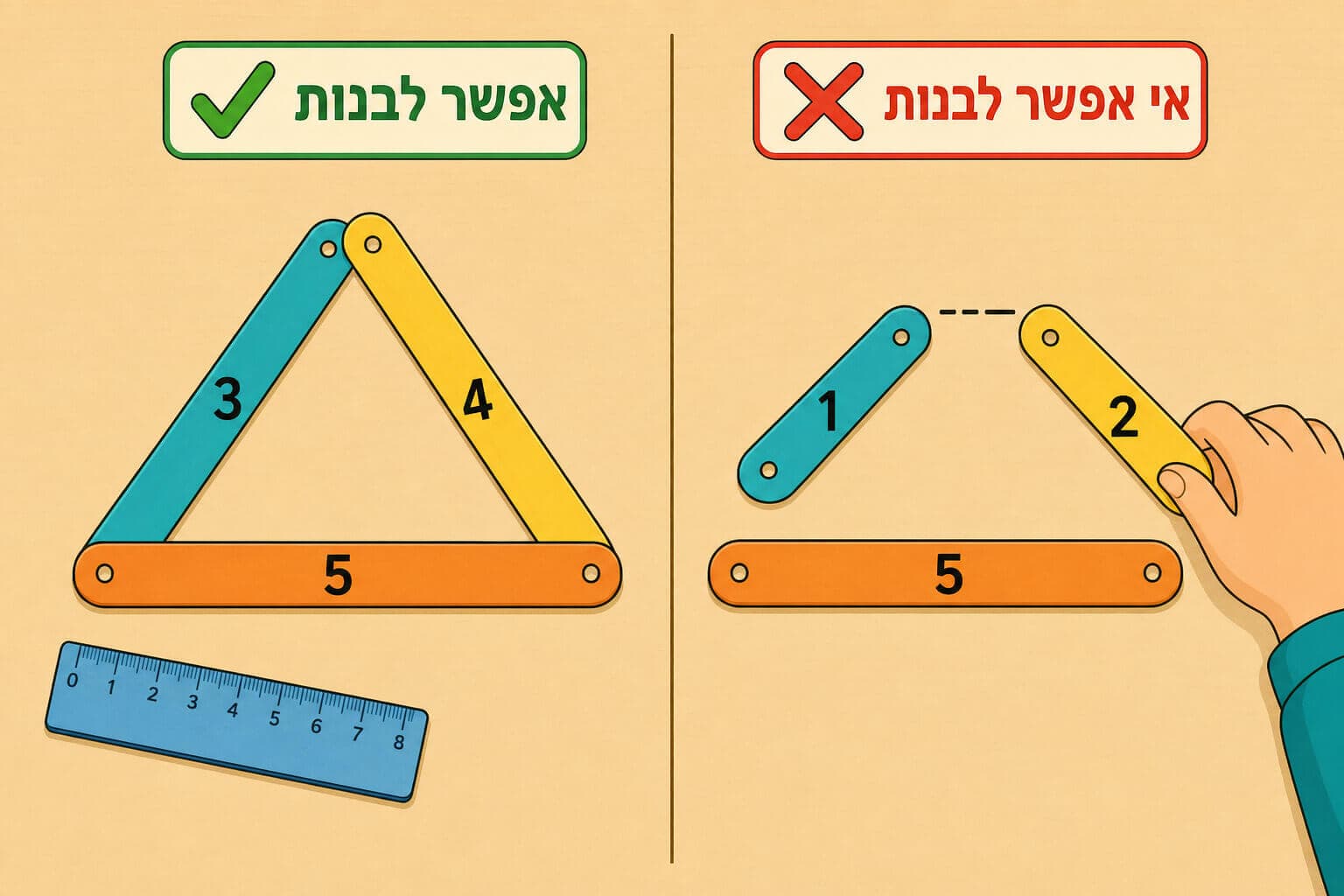 תמונה הממחישה את אי שוויון המשולש בעזרת מקלות שאפשר או אי אפשר לסגור למשולש
