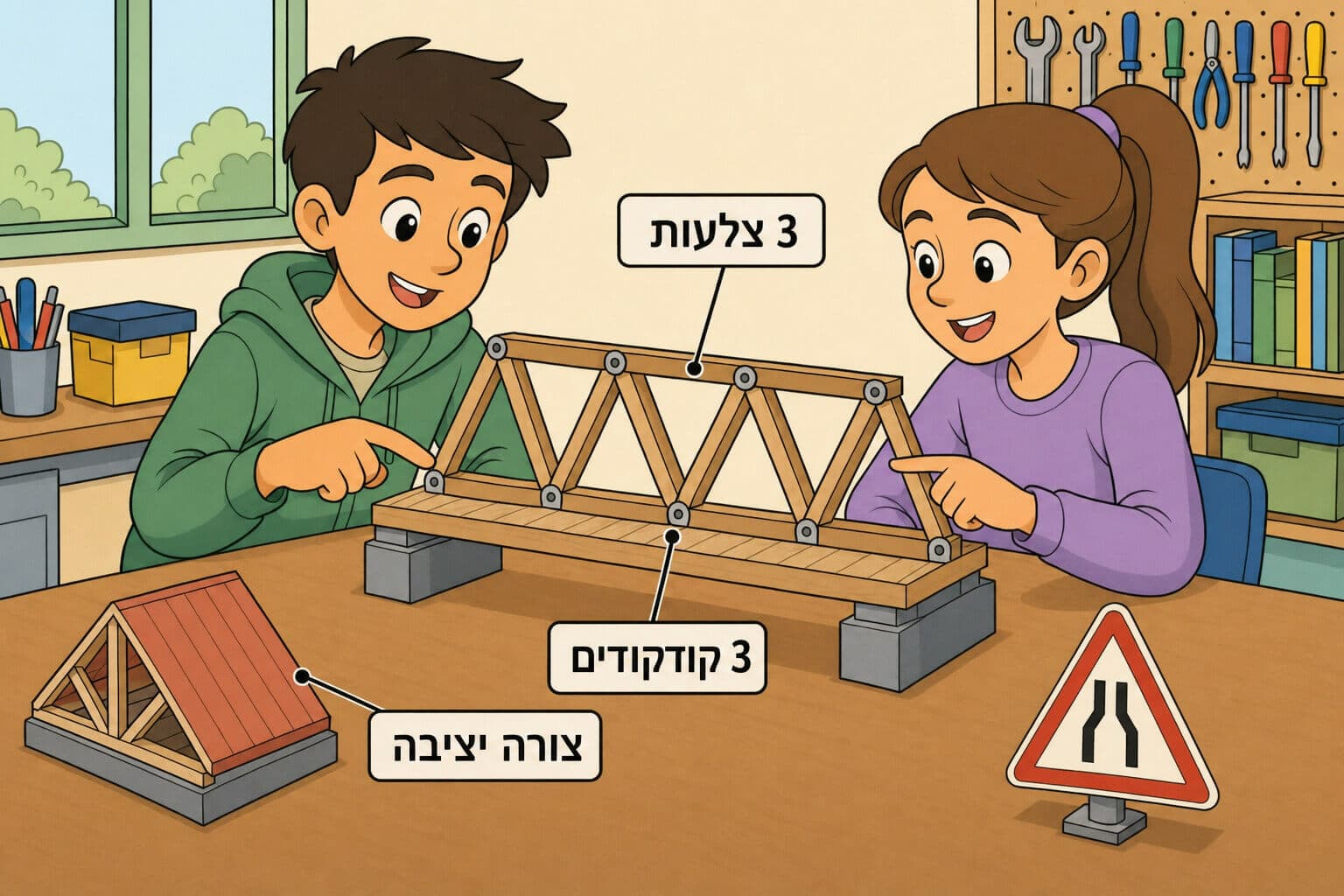תמונה הממחישה את יציבות המשולש בעזרת דגם גשר עם תמיכות משולשות