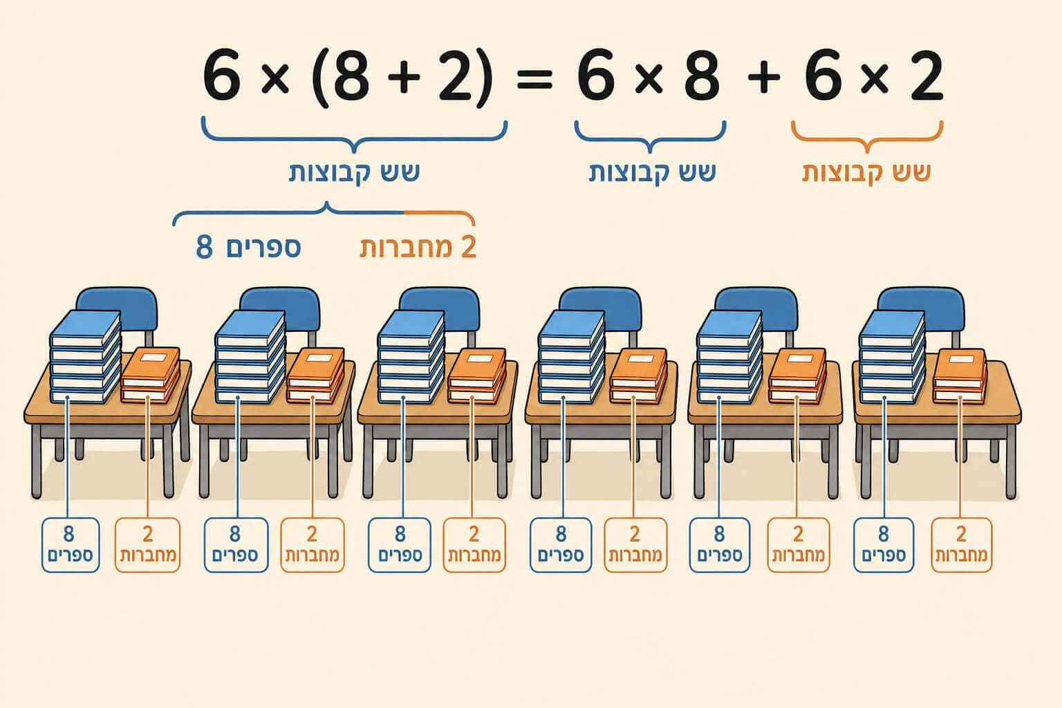 תמונה הממחישה את חוק הפילוג בעזרת שישה שולחנות עם ספרים ומחברות