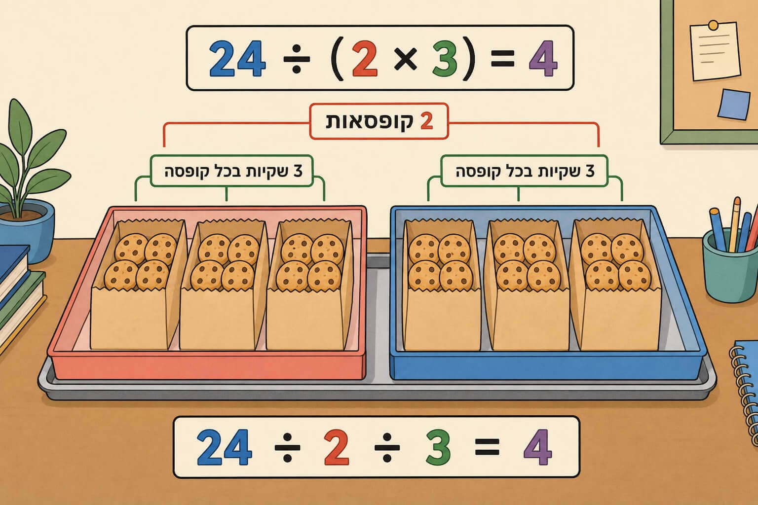 תמונה הממחישה את חילוק המחלק במכפלה בעזרת עוגיות שמתחלקות לקופסאות ושקיות