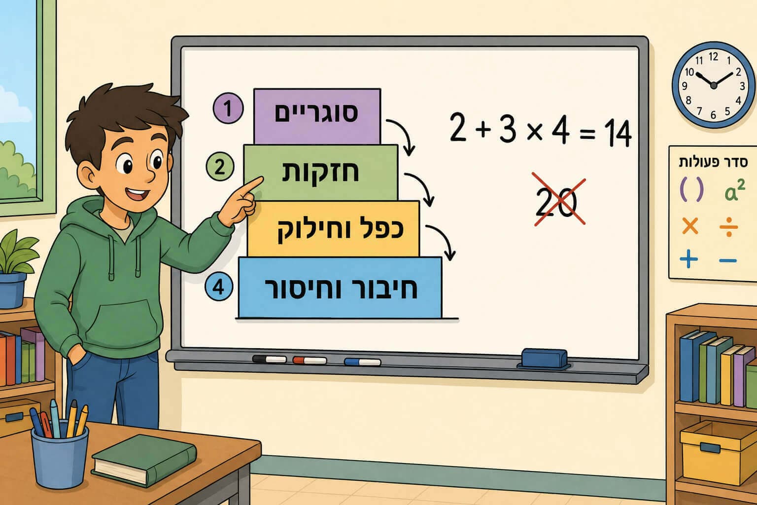 תמונה הממחישה את ארבע רמות הקדימות בסדר פעולות החשבון בעזרת מדרגות על לוח כיתה