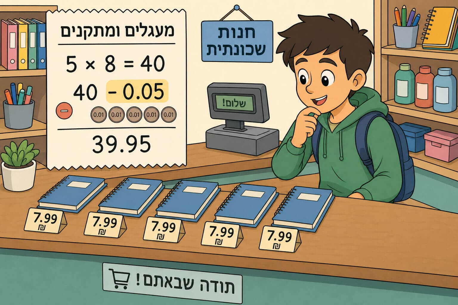 תמונה הממחישה את שיטת העיגול והתיקון בחישוב מנטלי בעזרת קנייה בחנות