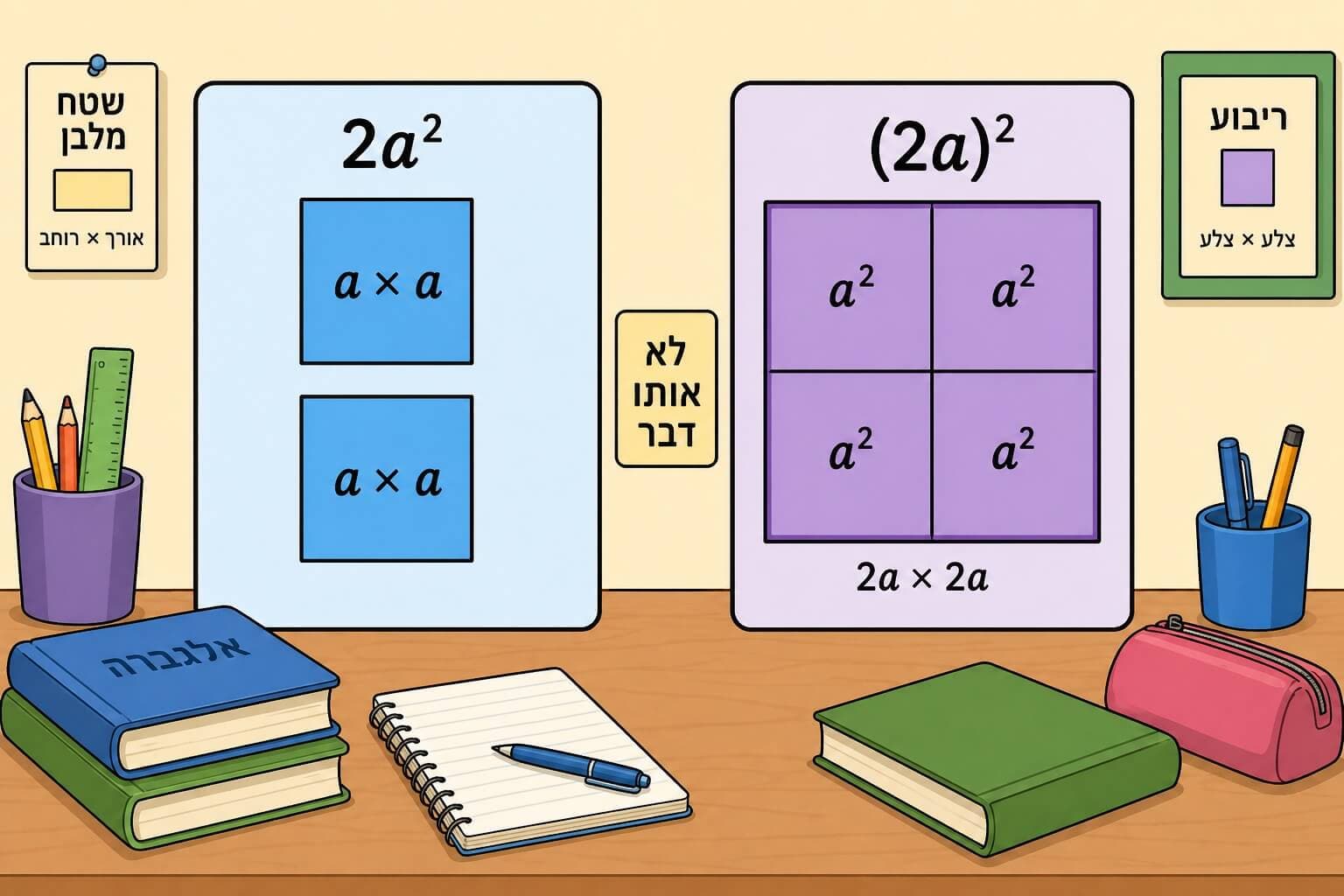 תמונה הממחישה את ההבדל בין 2a² לבין (2a)² בעזרת מודל שטח