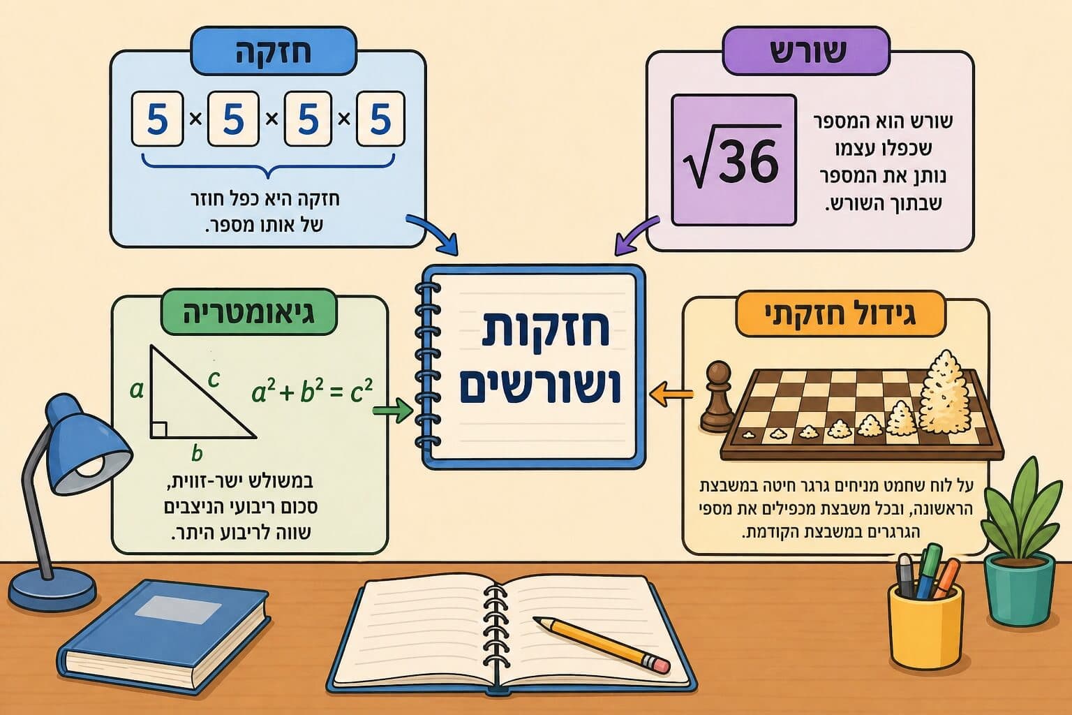 תמונה הממחישה את הקשרים בין חזקות שורשים גיאומטריה וגידול חזקתי בסיכום הפרק