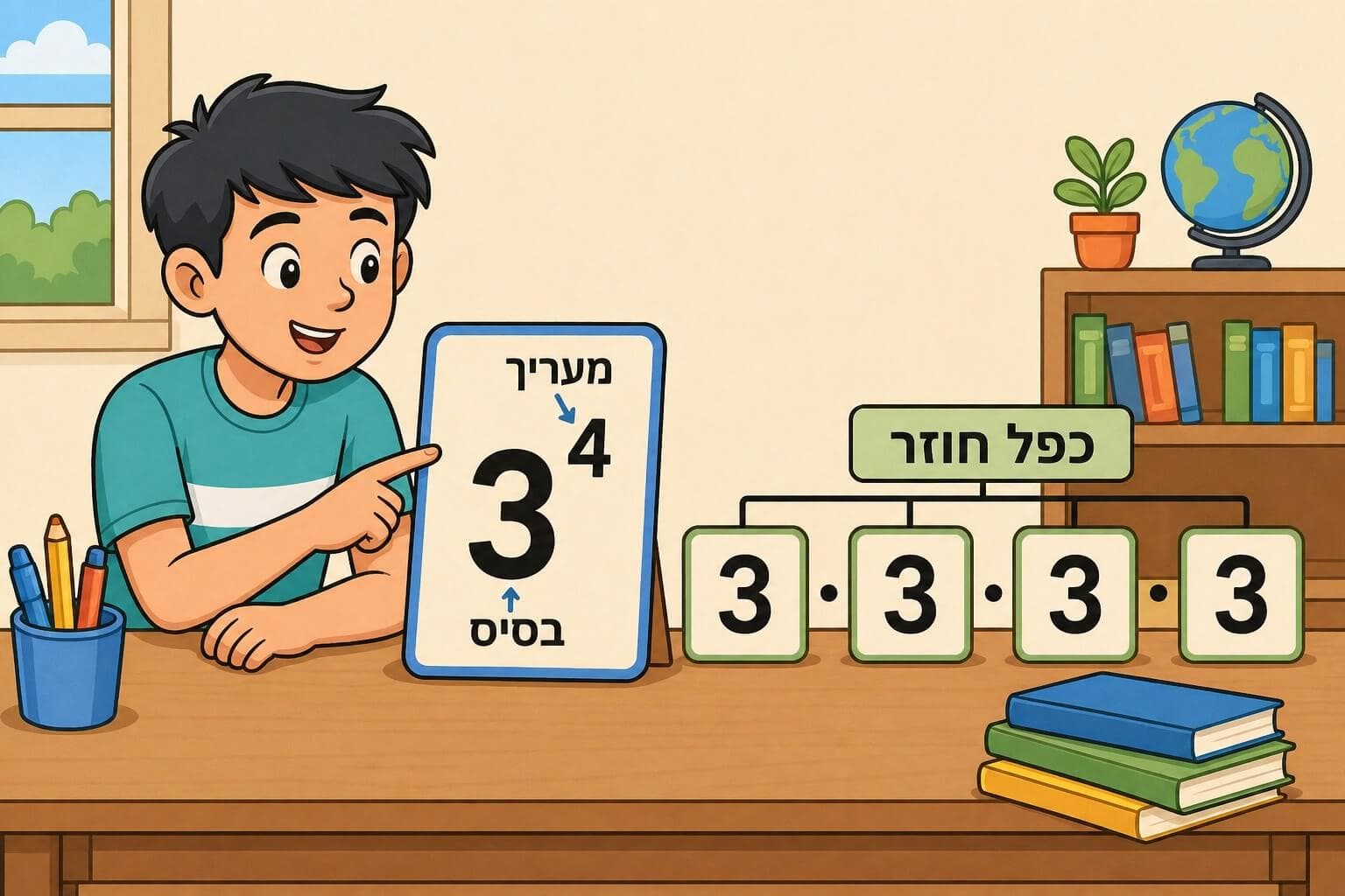 תמונה הממחישה את החזקה ככתיב מקוצר של כפל חוזר בעזרת הקשר בין בסיס למעריך