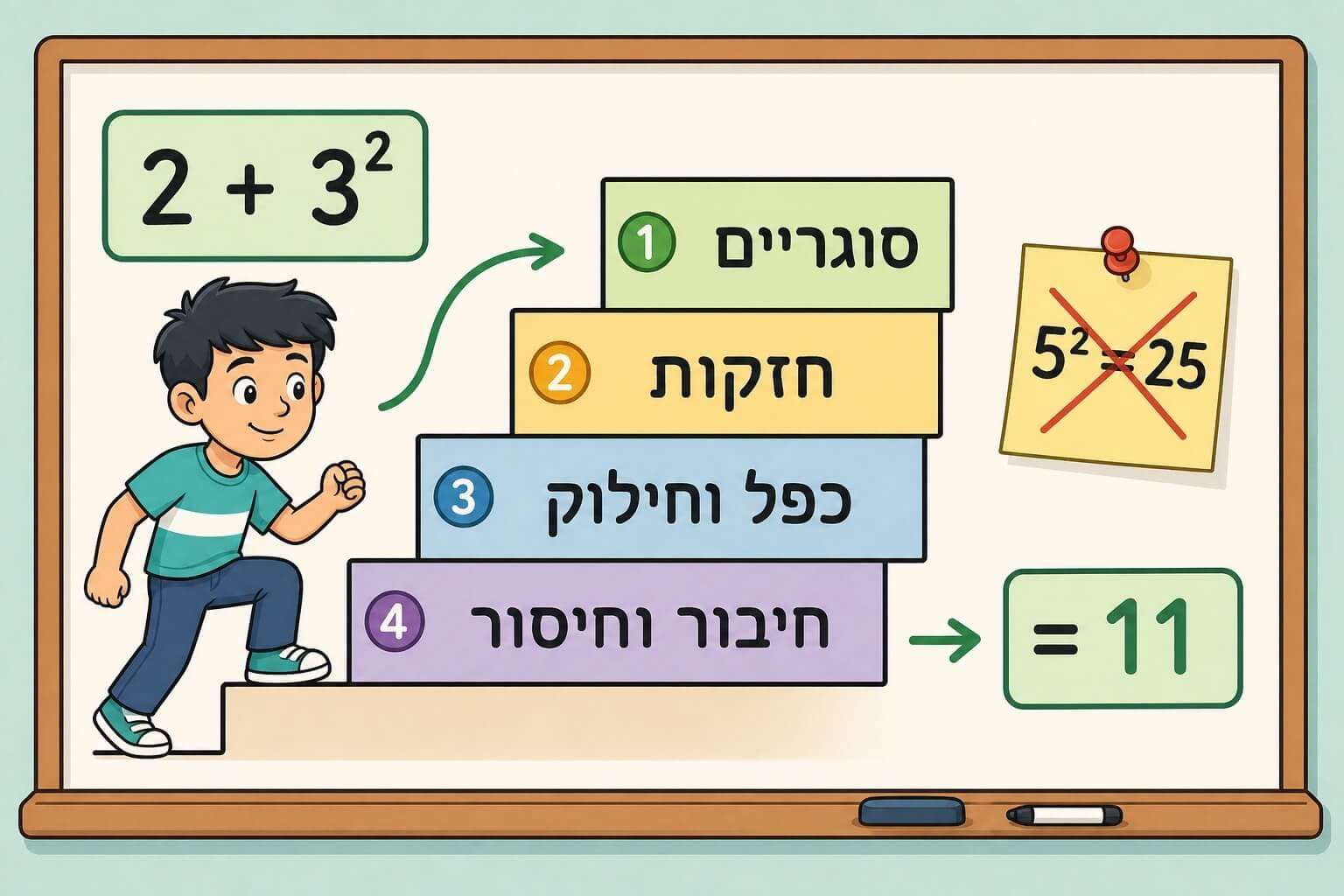 תמונה הממחישה את מיקום החזקה בסדר פעולות החשבון בעזרת מדרגות חישוב