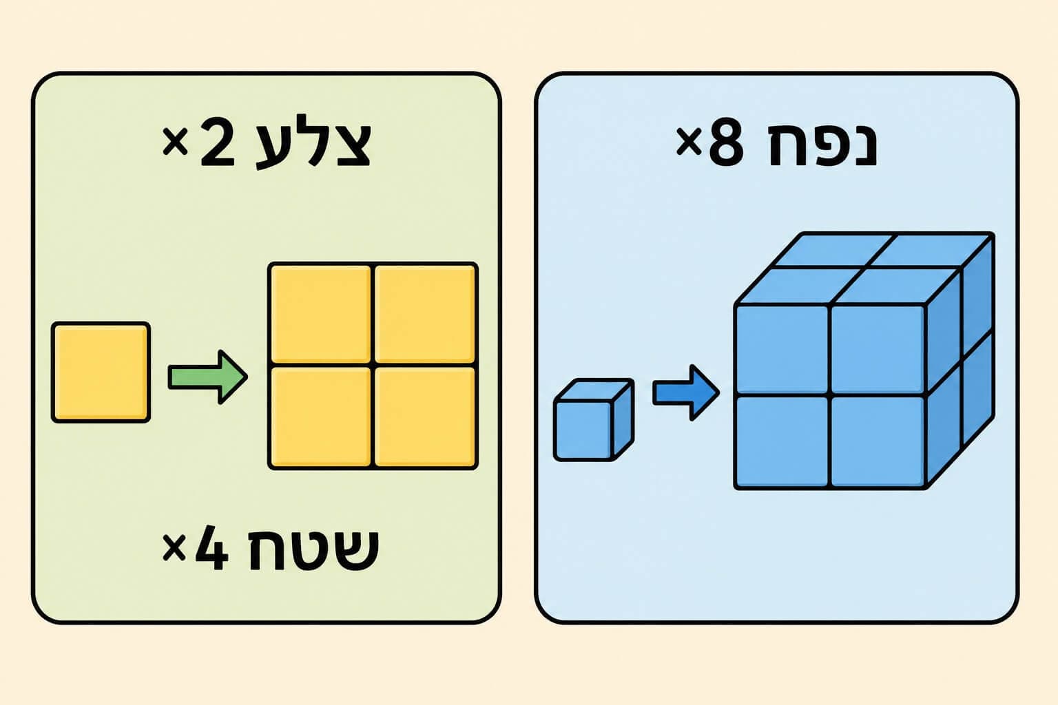 תמונה הממחישה את השפעת שינוי קנה מידה על צלע שטח ונפח