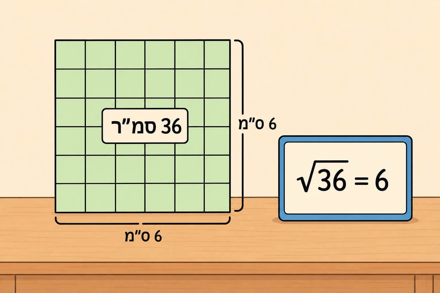 תמונה הממחישה את השורש הריבועי כמציאת צלע ריבוע לפי שטחו