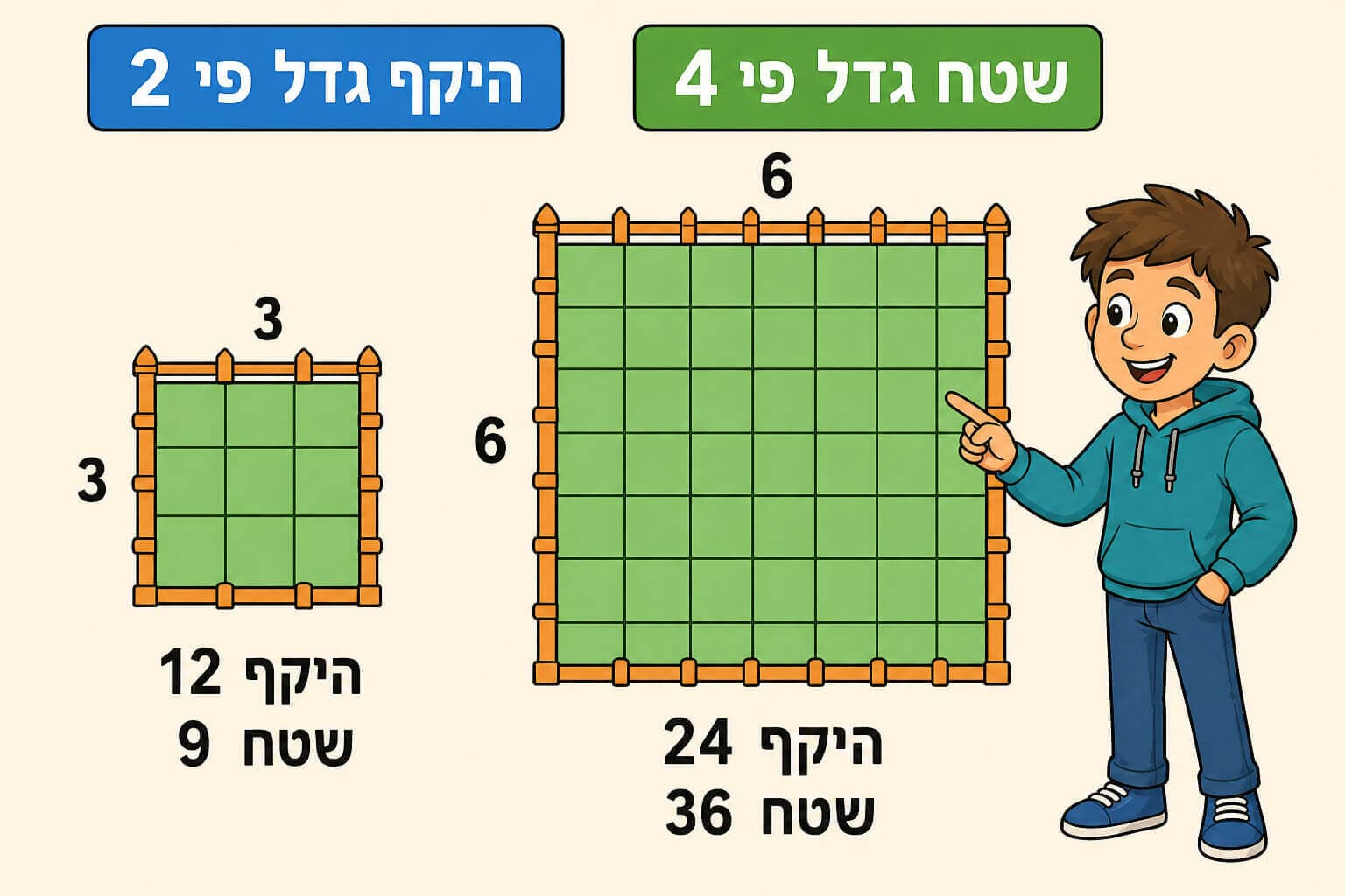 תמונה הממחישה את השינוי השונה בהיקף ובשטח כאשר מכפילים צלע