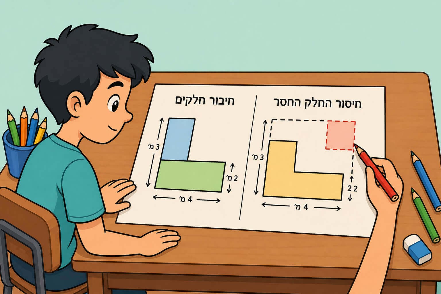 תמונה הממחישה את פירוק השטח המורכב למלבנים וחיסור החלק החסר