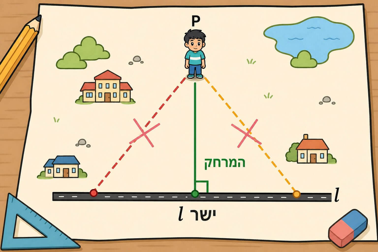 תמונה הממחישה את המרחק הקצר ביותר מנקודה לישר כקטע ניצב