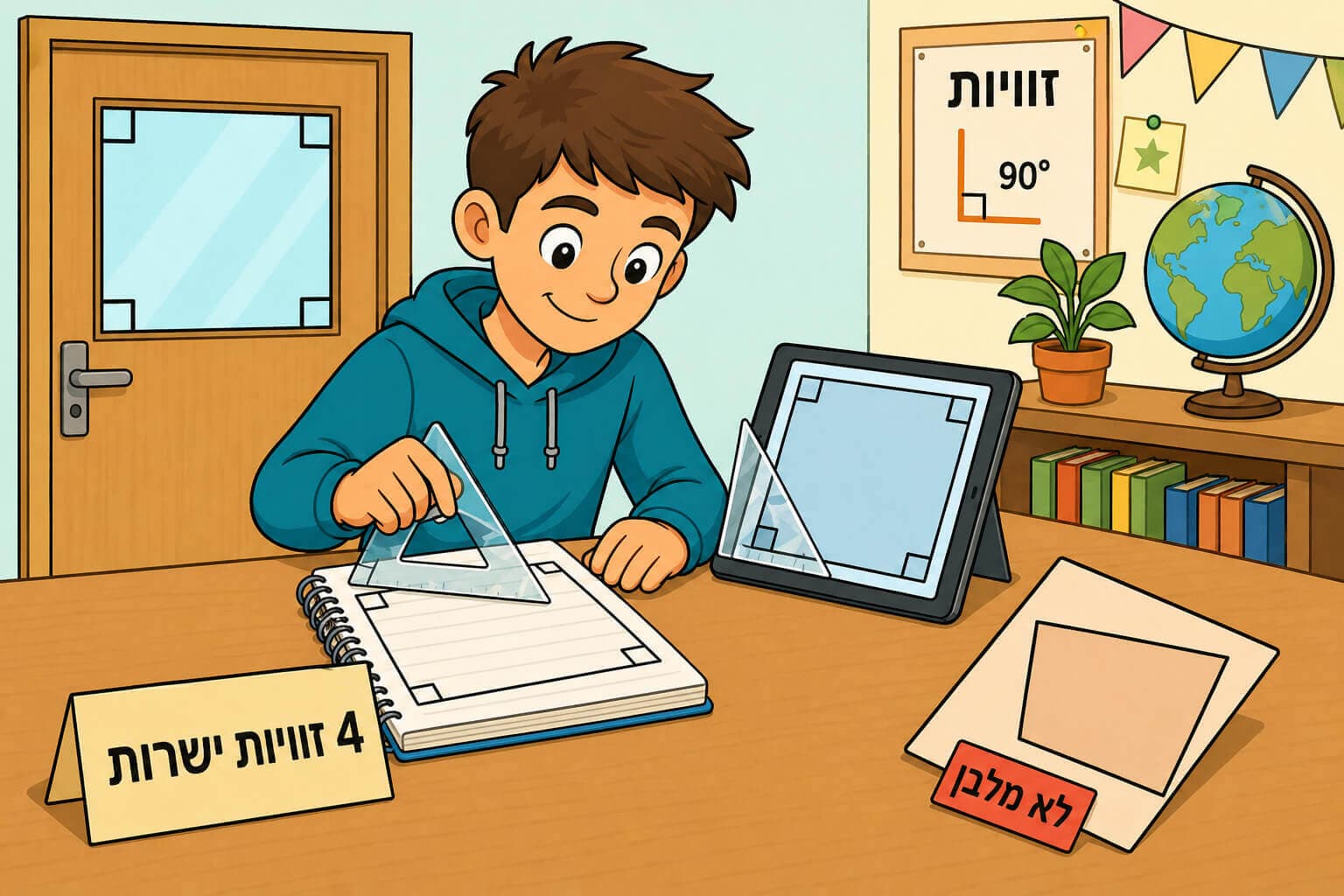 תמונה הממחישה את הגדרת המלבן בעזרת עצמים יומיומיים וזוויות ישרות