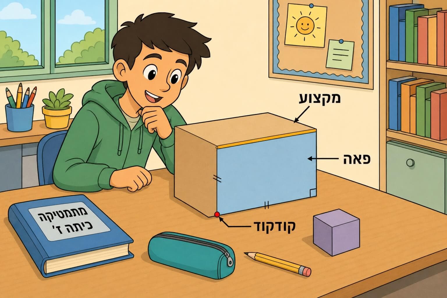 תמונה הממחישה את מרכיבי התיבה בעזרת קופסת קרטון וחפצים מהכיתה