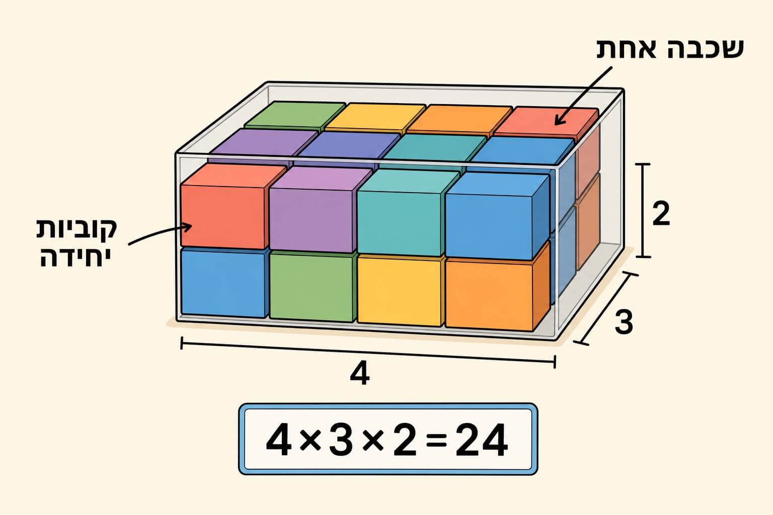 תמונה הממחישה את נפח התיבה כמילוי בקוביות יחידה בשכבות