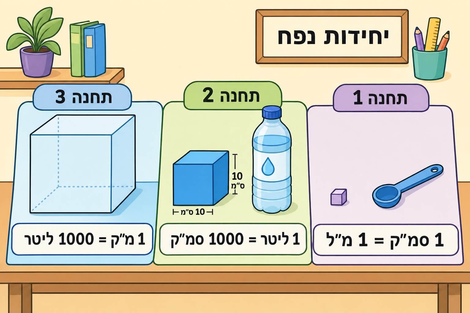 תמונה הממחישה את מדרג יחידות הנפח מסמ״ק ומ״ל ועד ליטר ומ״ק