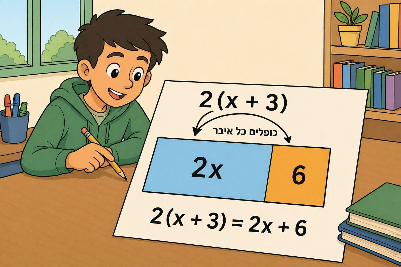 תמונה הממחישה את פתיחת הסוגריים במשוואה בעזרת מודל שטח וחוק הפילוג
