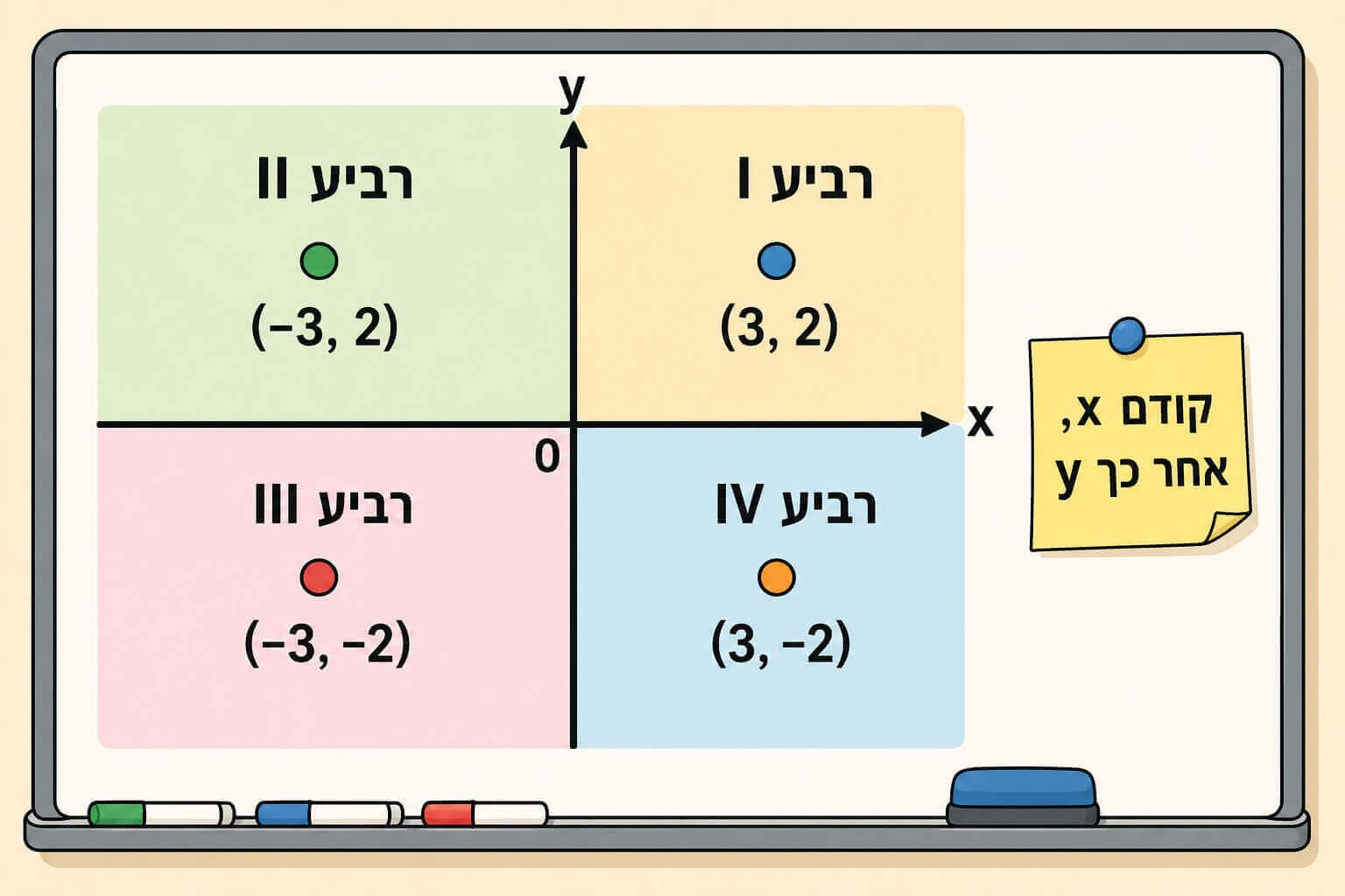 תמונה הממחישה את ארבעת הרביעים ואת סדר הקריאה של זוג סדור במערכת צירים