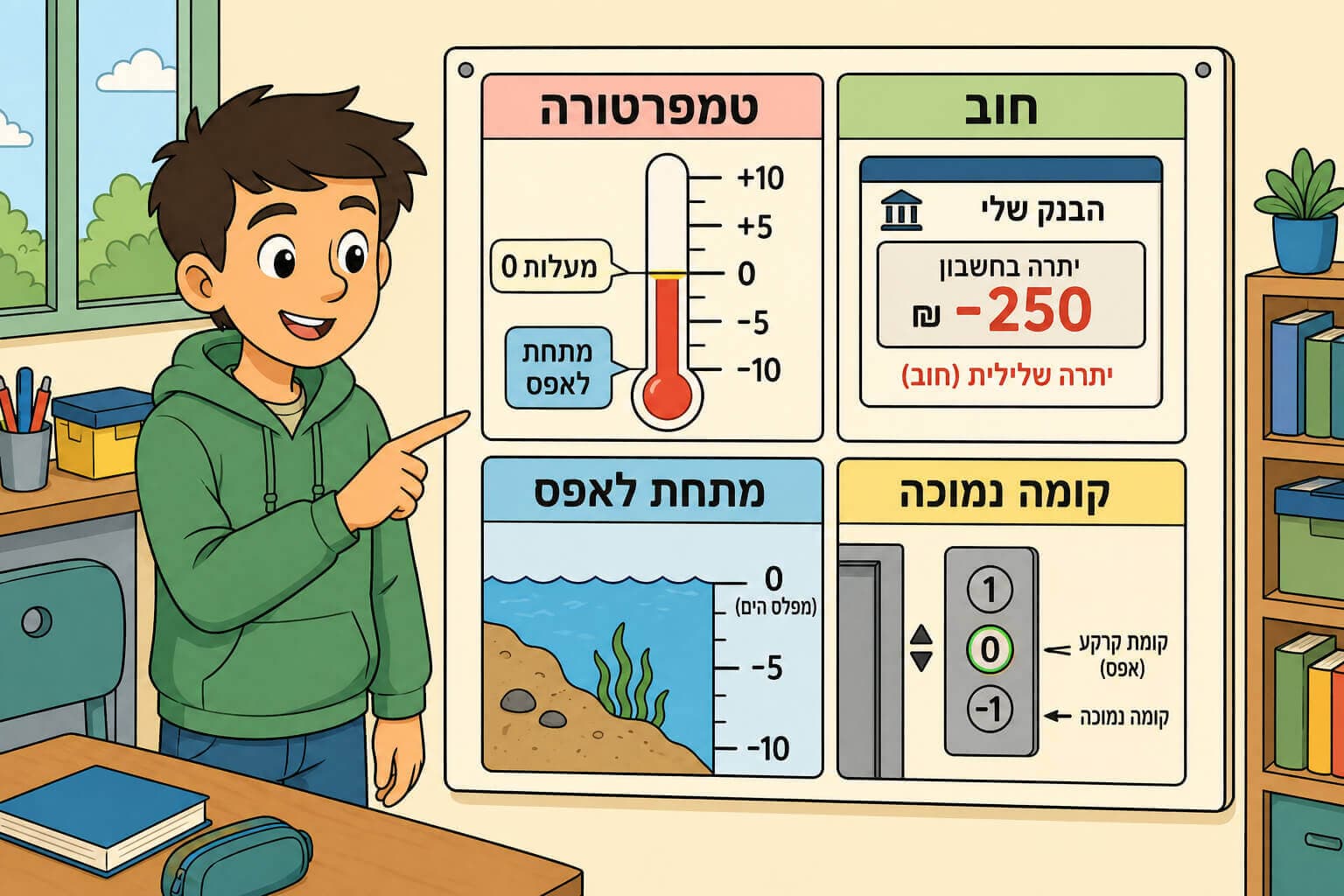 תמונה הממחישה את השימוש במספרים שליליים במצבי חיים מתחת לאפס
