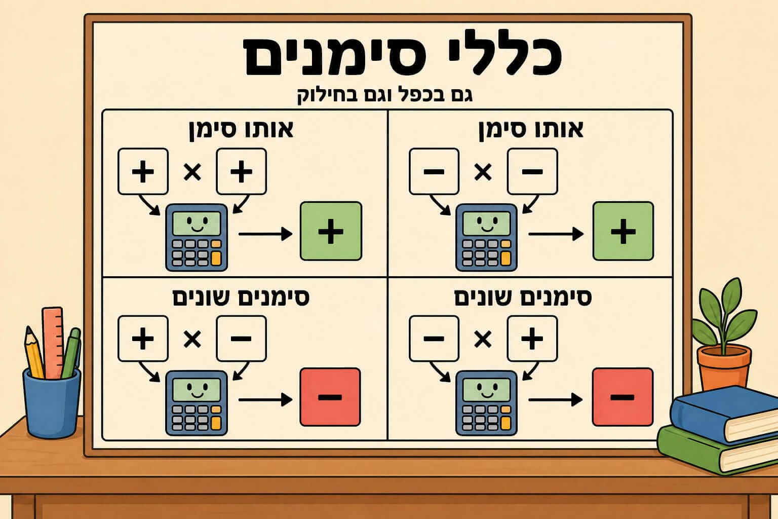 תמונה הממחישה את כללי הסימנים בכפל ובחילוק מספרים מכוונים