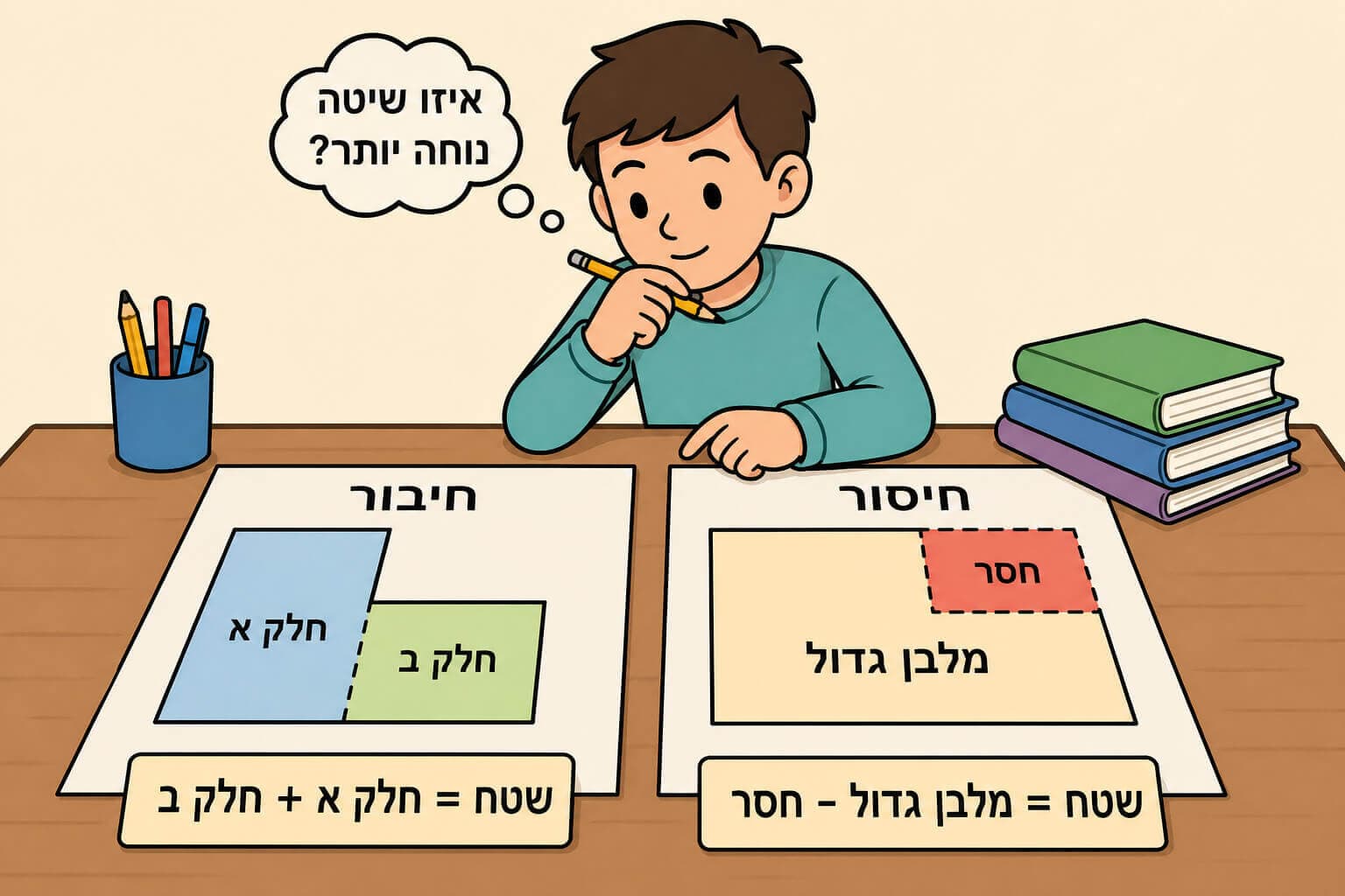 תמונה הממחישה את שתי האסטרטגיות לחישוב שטח צורה משולבת באמצעות חיבור וחיסור
