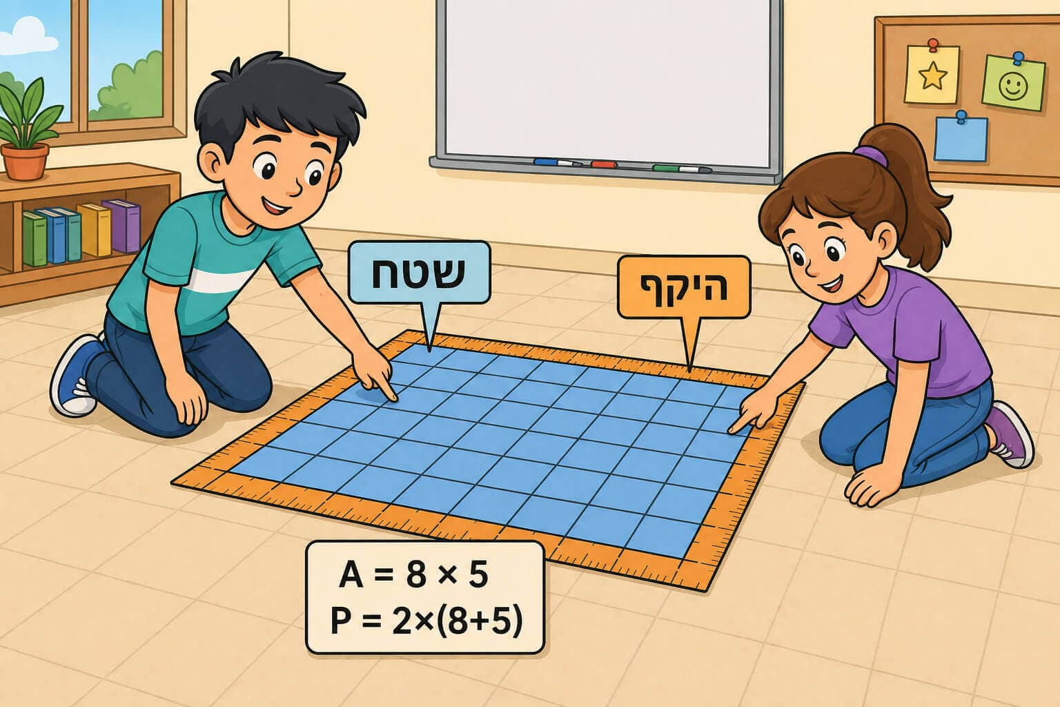 תמונה הממחישה את ההבדל בין שטח להיקף בעזרת מלבן מרוצף בריבועי יחידה