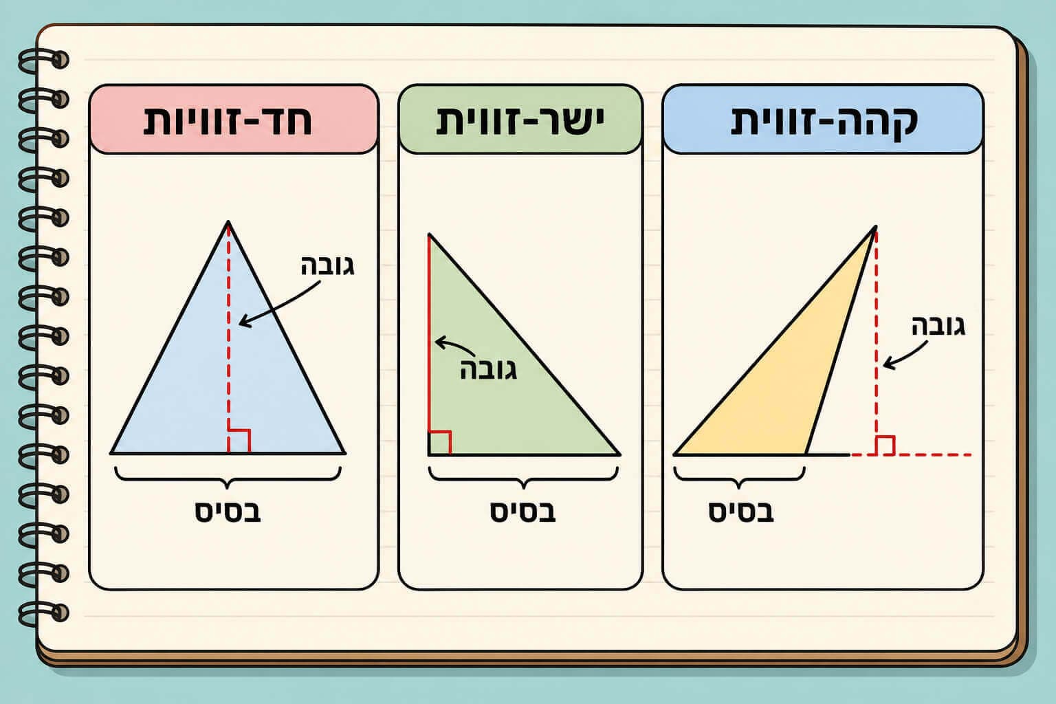 תמונה הממחישה את מיקום הגובה במשולש חד-זוויות ישר-זווית וקהה-זווית