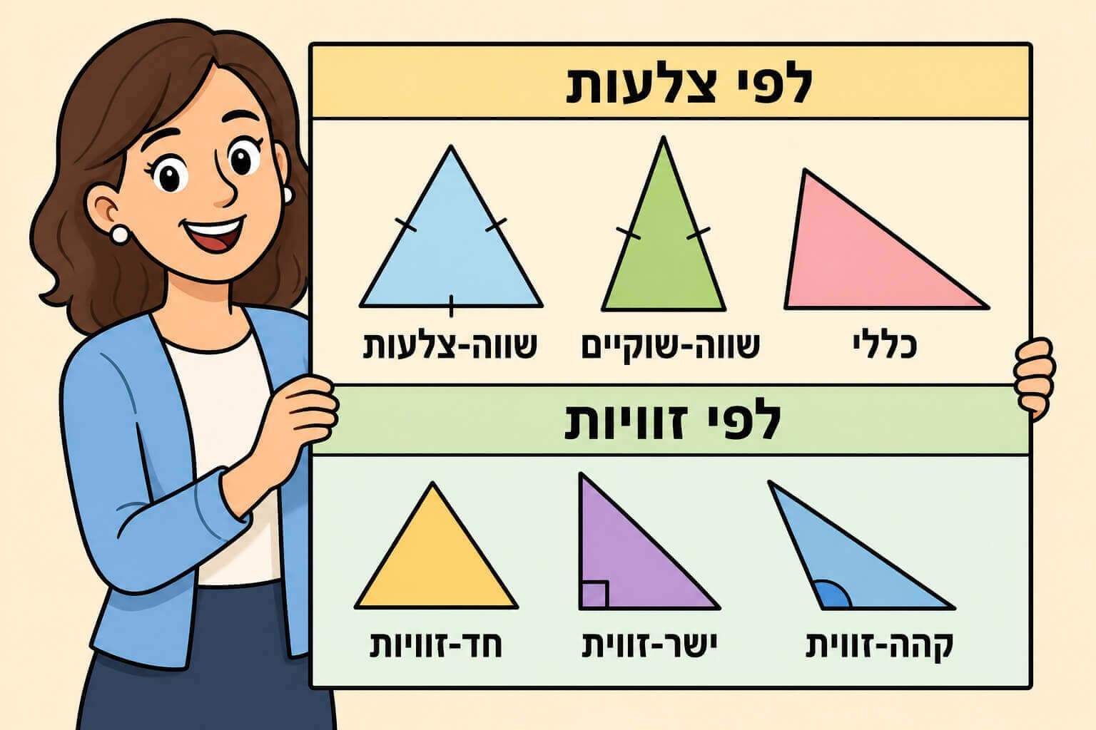 תמונה המציגה את סיווג המשולשים לפי צלעות ולפי זוויות בכרזת כיתה