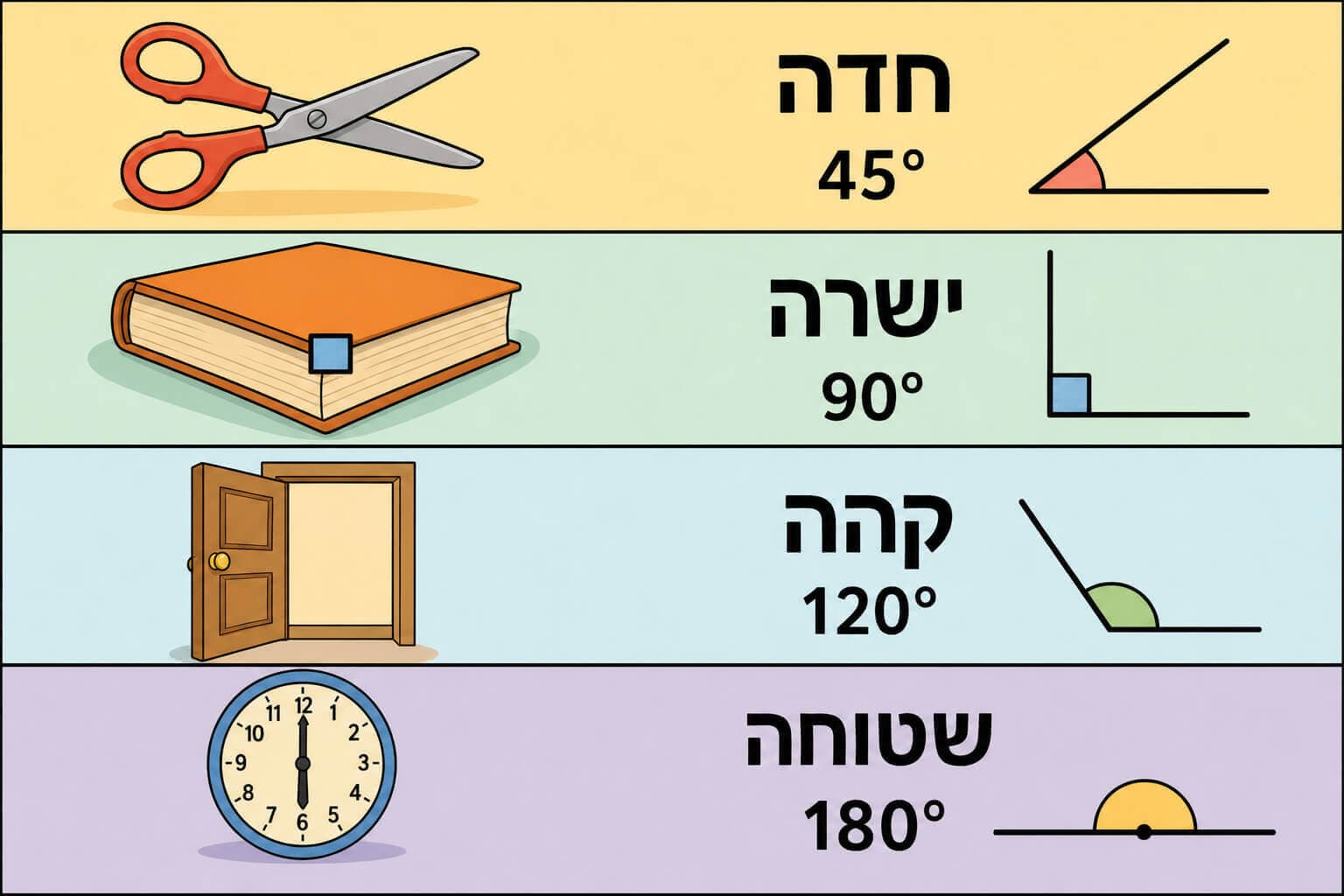 תמונה המציגה את ארבעת סוגי הזוויות בעזרת דוגמאות יומיומיות ומידות במעלות
