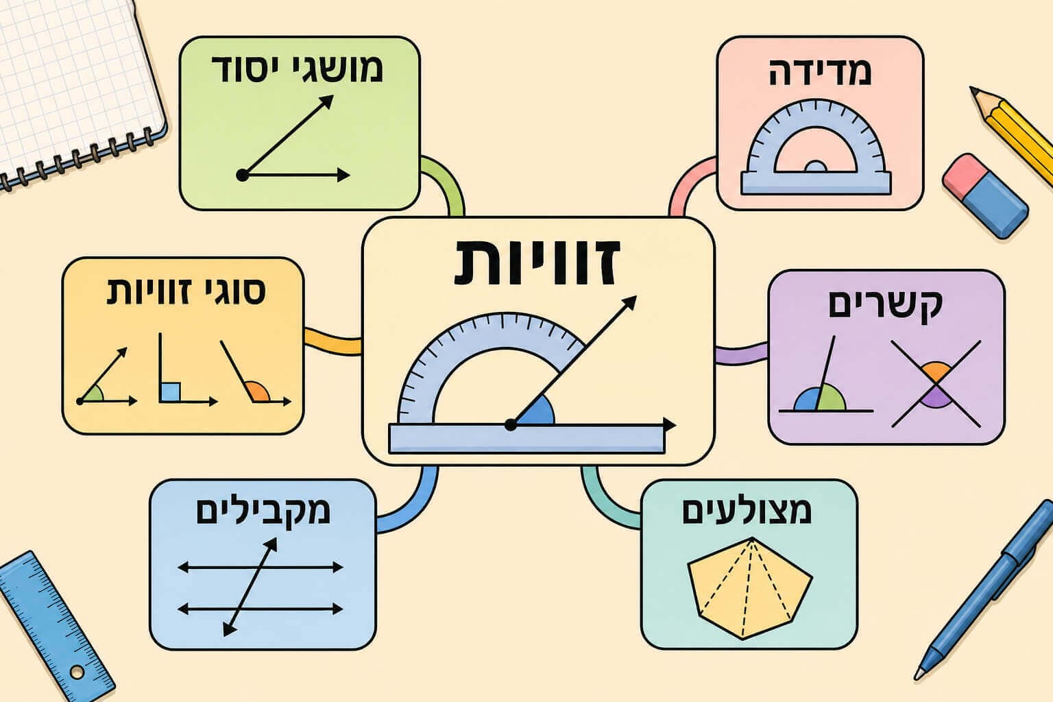 תמונה המציגה מפת חזרה לפרק זוויות עם מושגי יסוד, מדידה, קשרים ומצולעים