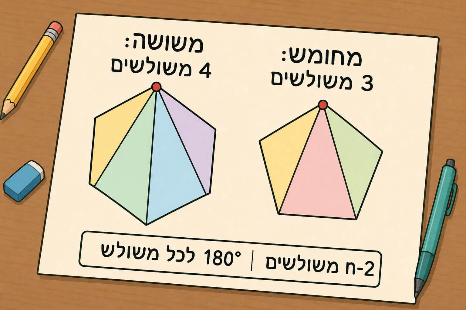 תמונה הממחישה את נוסחת סכום הזוויות במצולע בעזרת חלוקה למשולשים