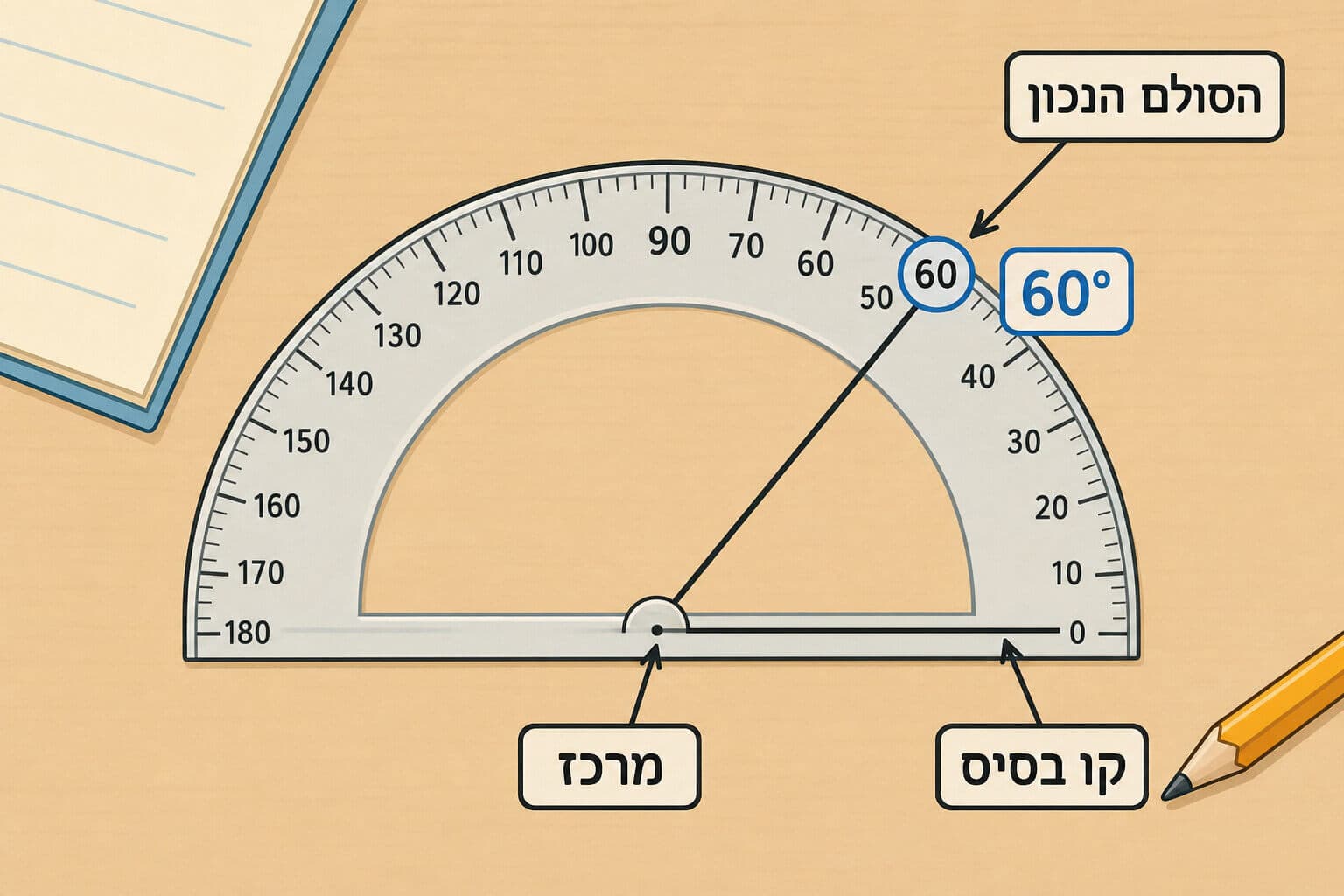 תמונה הממחישה את קריאת מד הזווית בעזרת מרכז, קו בסיס וסולם נכון