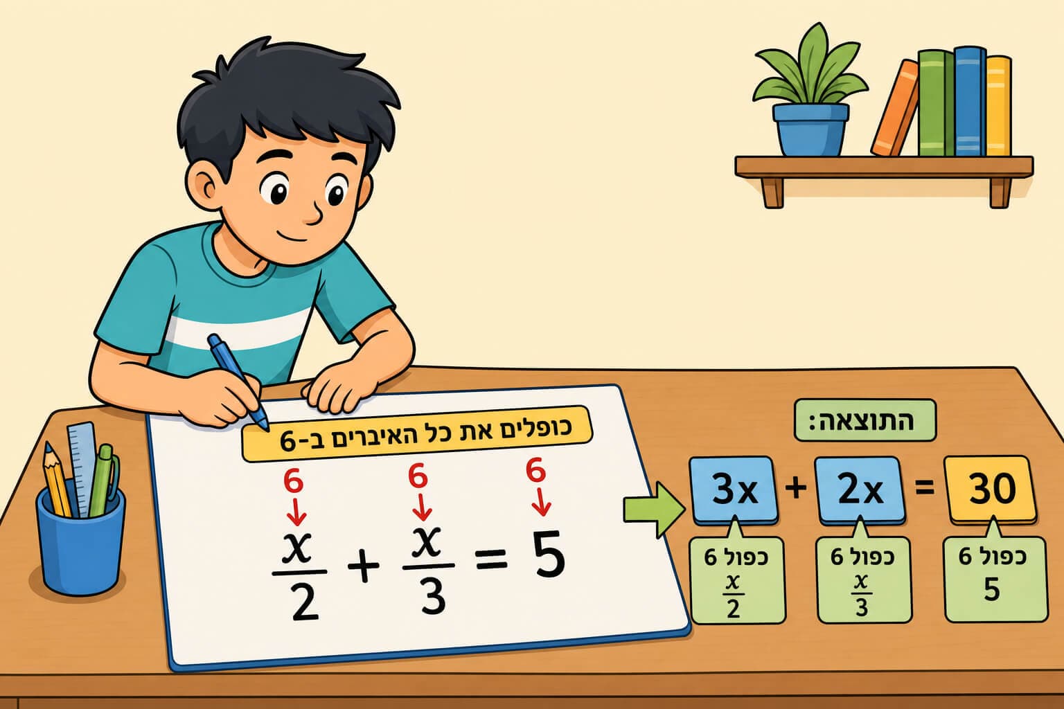 תמונה הממחישה סילוק מכנים במשוואה עם שברים מספריים