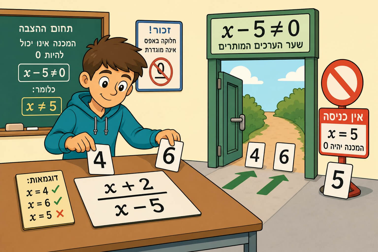 תמונה הממחישה ערכים אסורים שמאפסים מכנה בשבר אלגברי
