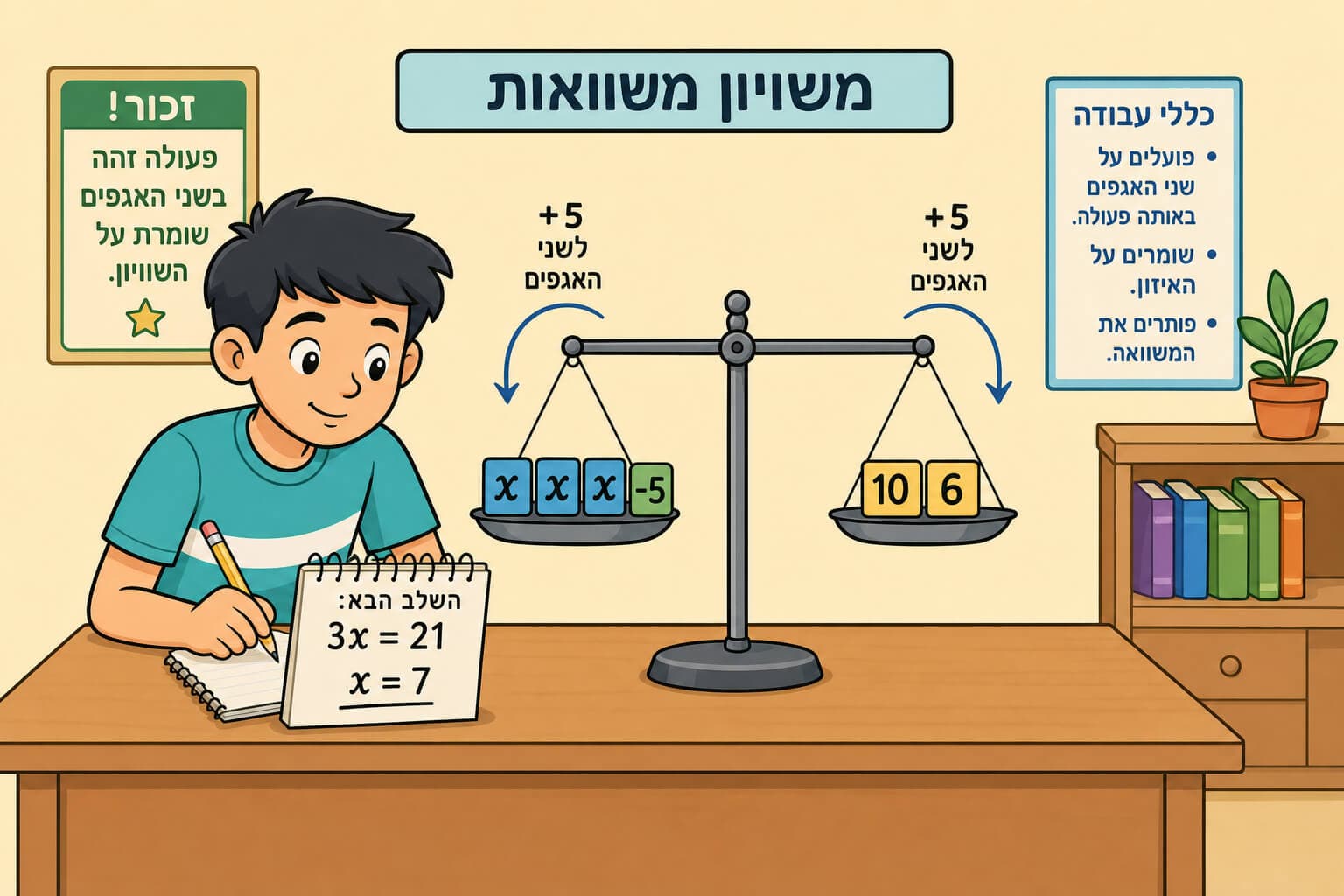 תמונה הממחישה פתרון משוואה ממעלה ראשונה בעזרת מאזניים אלגבריים