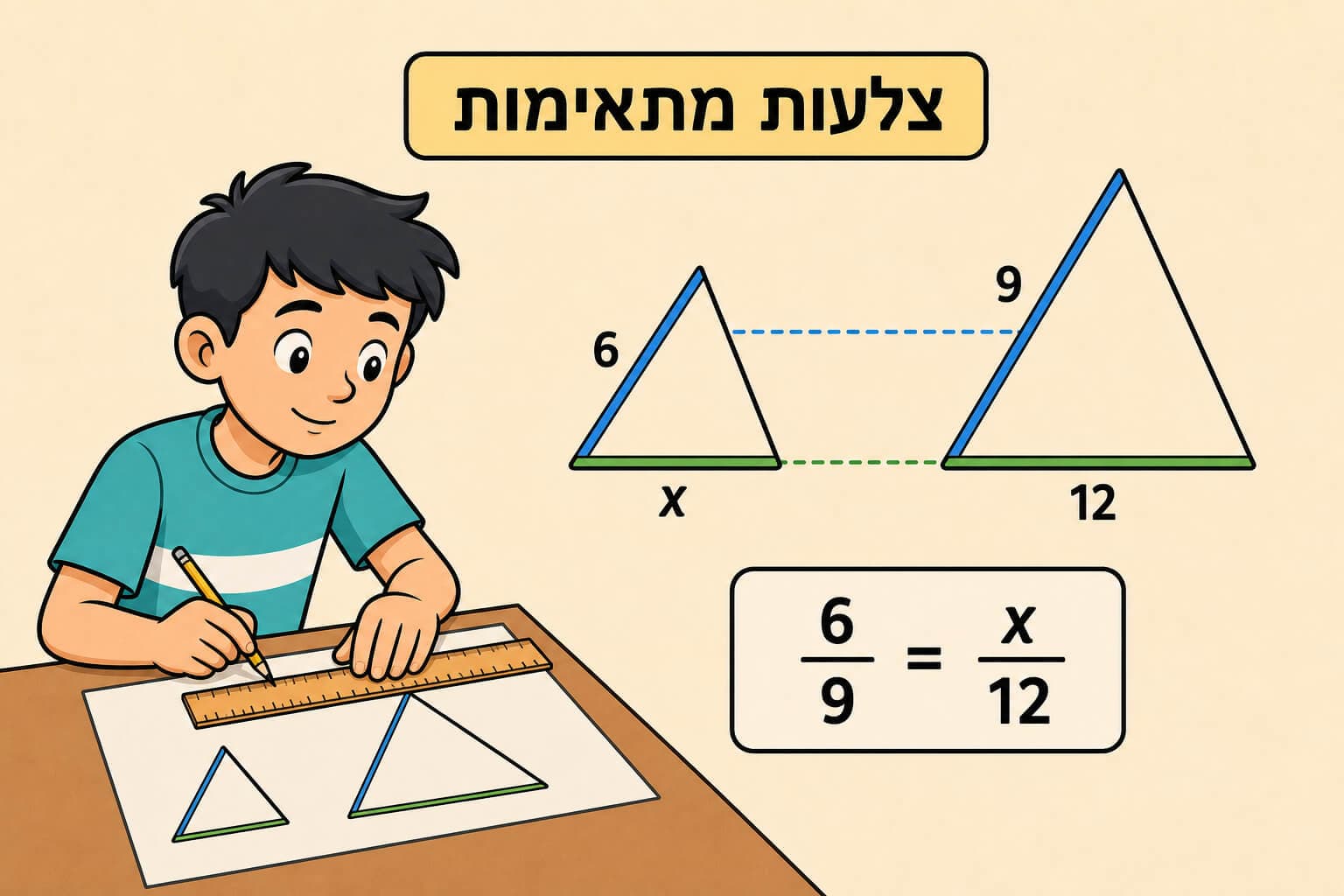 צלעות מתאימות בשני משולשים דומים עם חצים בין זוגות צלעות