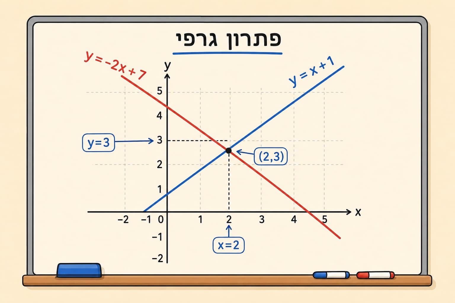 תמונה הממחישה שני ישרים במערכת צירים ונקודת חיתוך כפתרון משותף